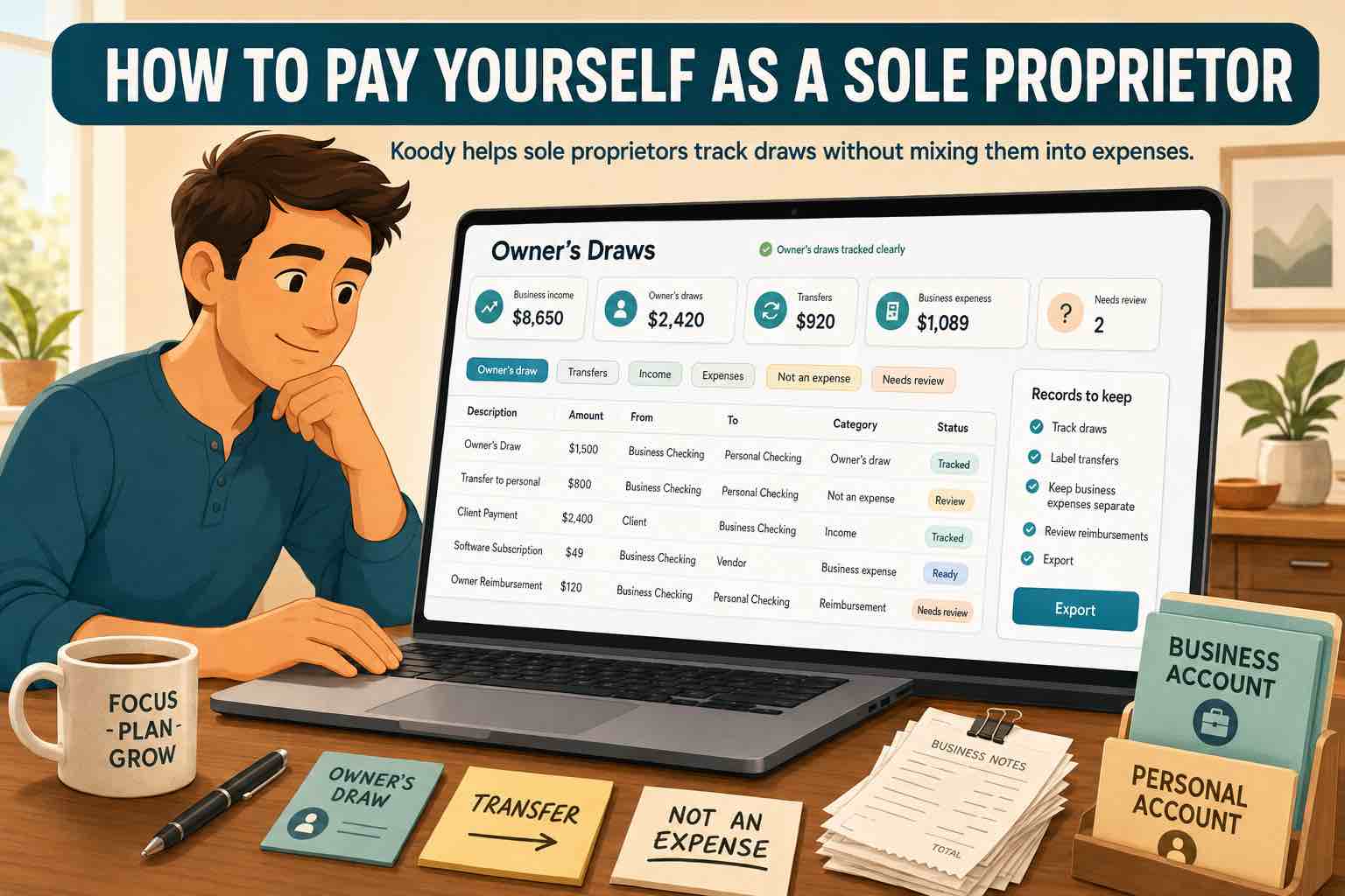 Illustration of a sole proprietor reviewing owner's draws and transfers between business and personal accounts on a laptop.