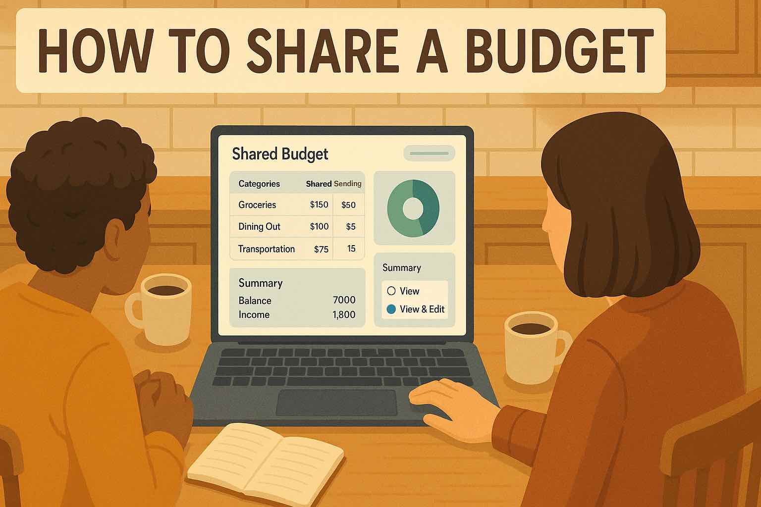 Overhead view of a person sharing a budget in Koody, a modern budgeting app, on a laptop with an invite panel and shared spending charts visible.
