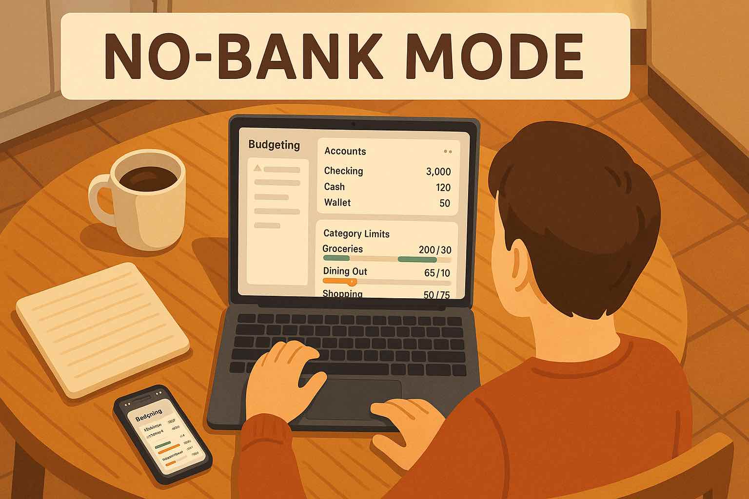 Overhead view of a person using the Koody budgeting app on a laptop labeled Budget, with bank accounts and category limits visible and no bank logos connected.