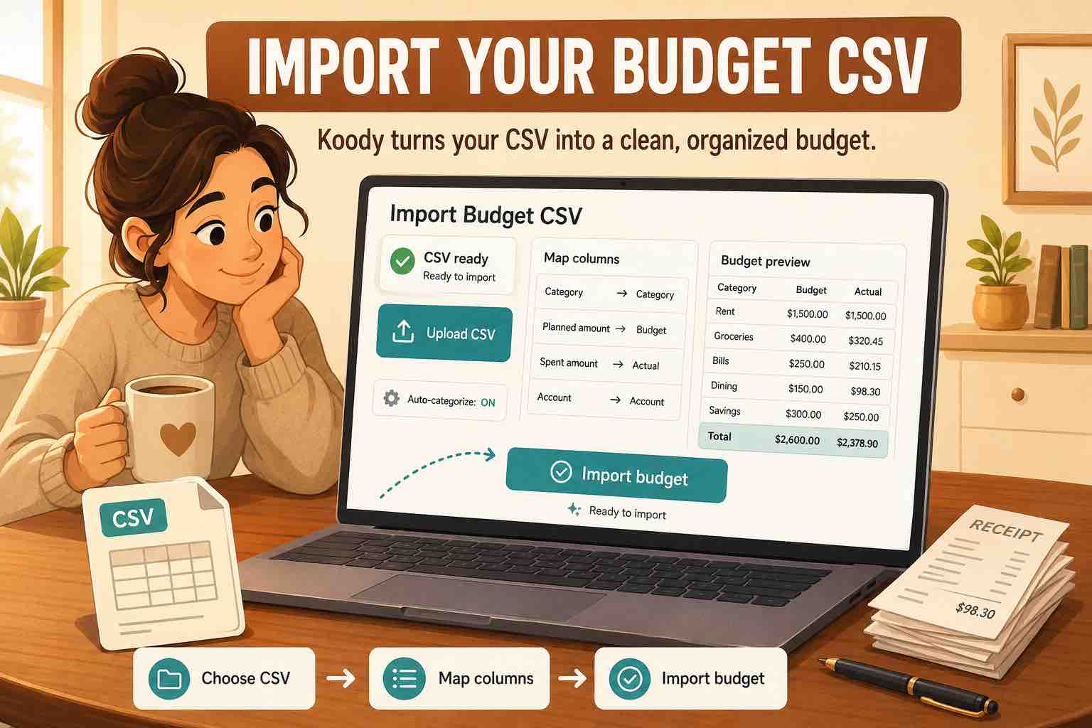 Person importing a budget CSV into Koody on a laptop, with upload CSV, map columns, budget preview, receipts, and a CSV file on the desk.