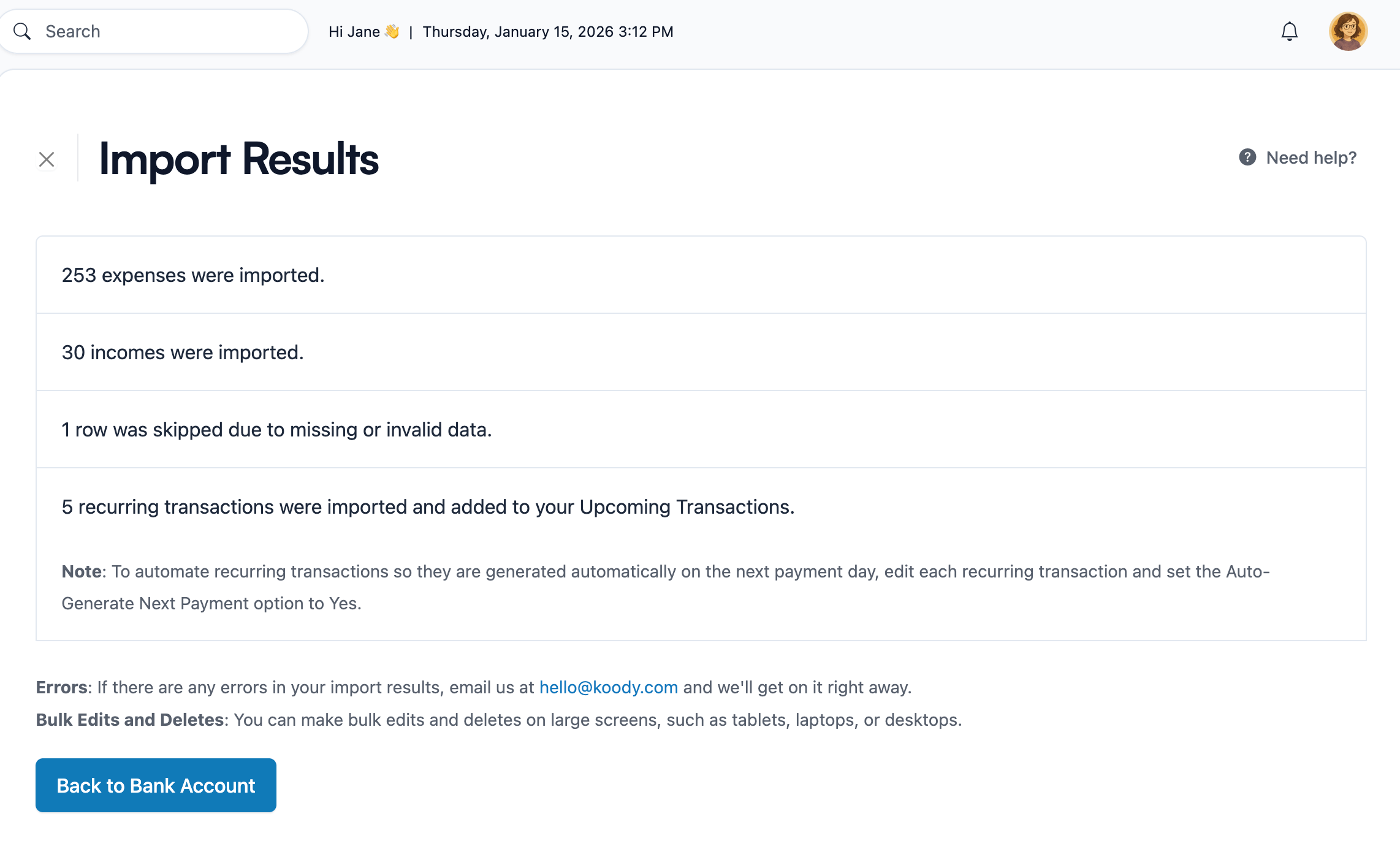 Koody Import Results screen showing the total number of imported transactions broken down into expenses, income, and recurring transactions.