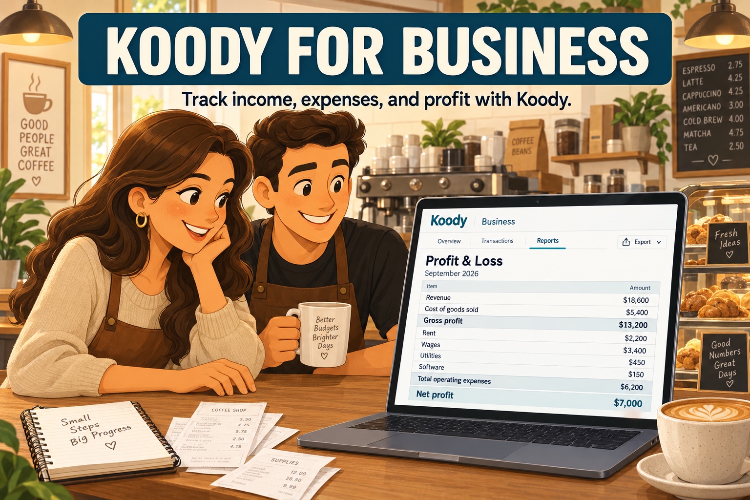 Illustration of a couple in a coffee shop reviewing a Koody profit and loss report on a laptop, with revenue, business expenses, and net profit shown beside receipts and a notebook.