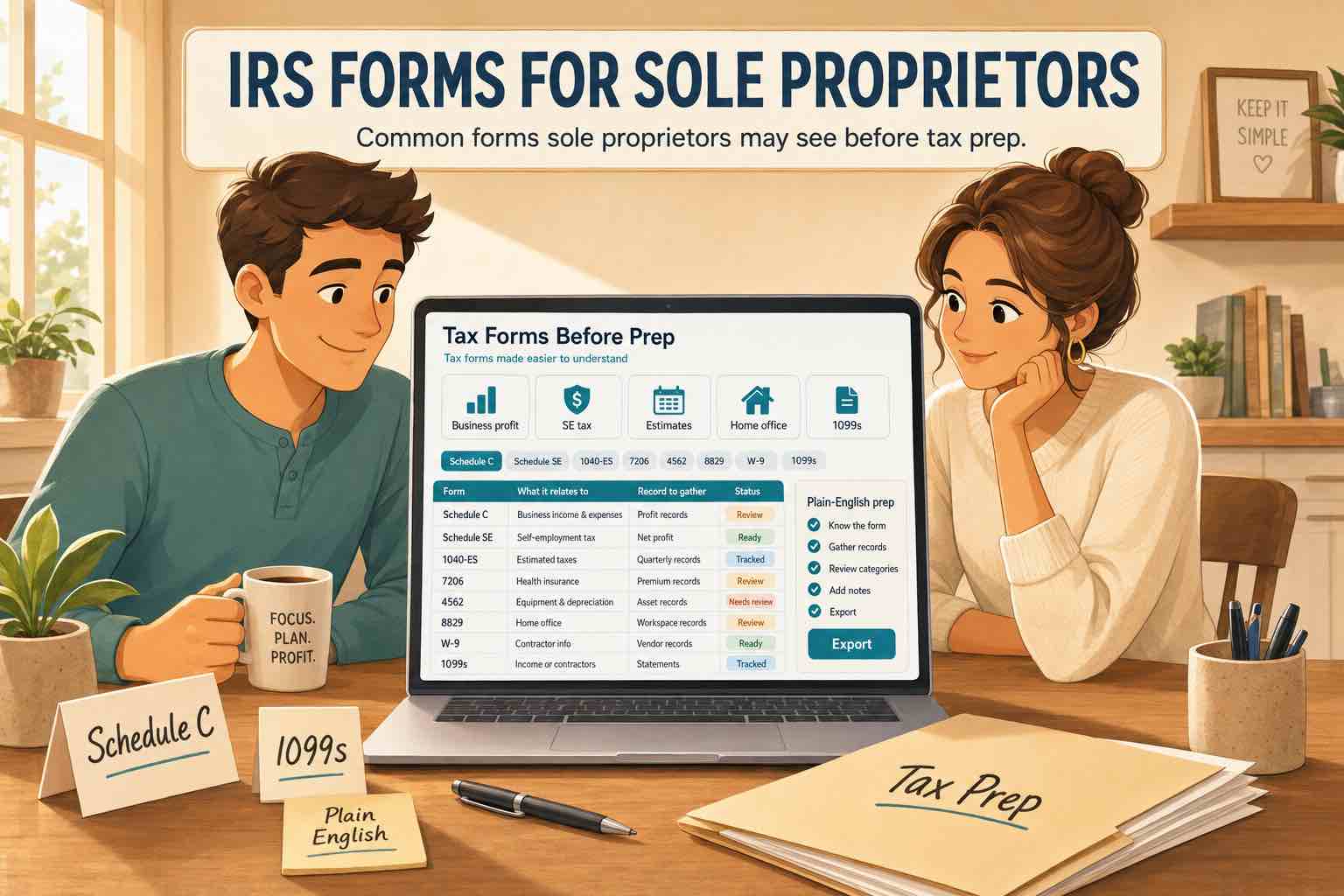 Two people reviewing IRS forms for sole proprietors in Koody, including Schedule C, Schedule SE, 1040-ES, Form 7206, Form 4562, Form 8829, W-9, and 1099s.