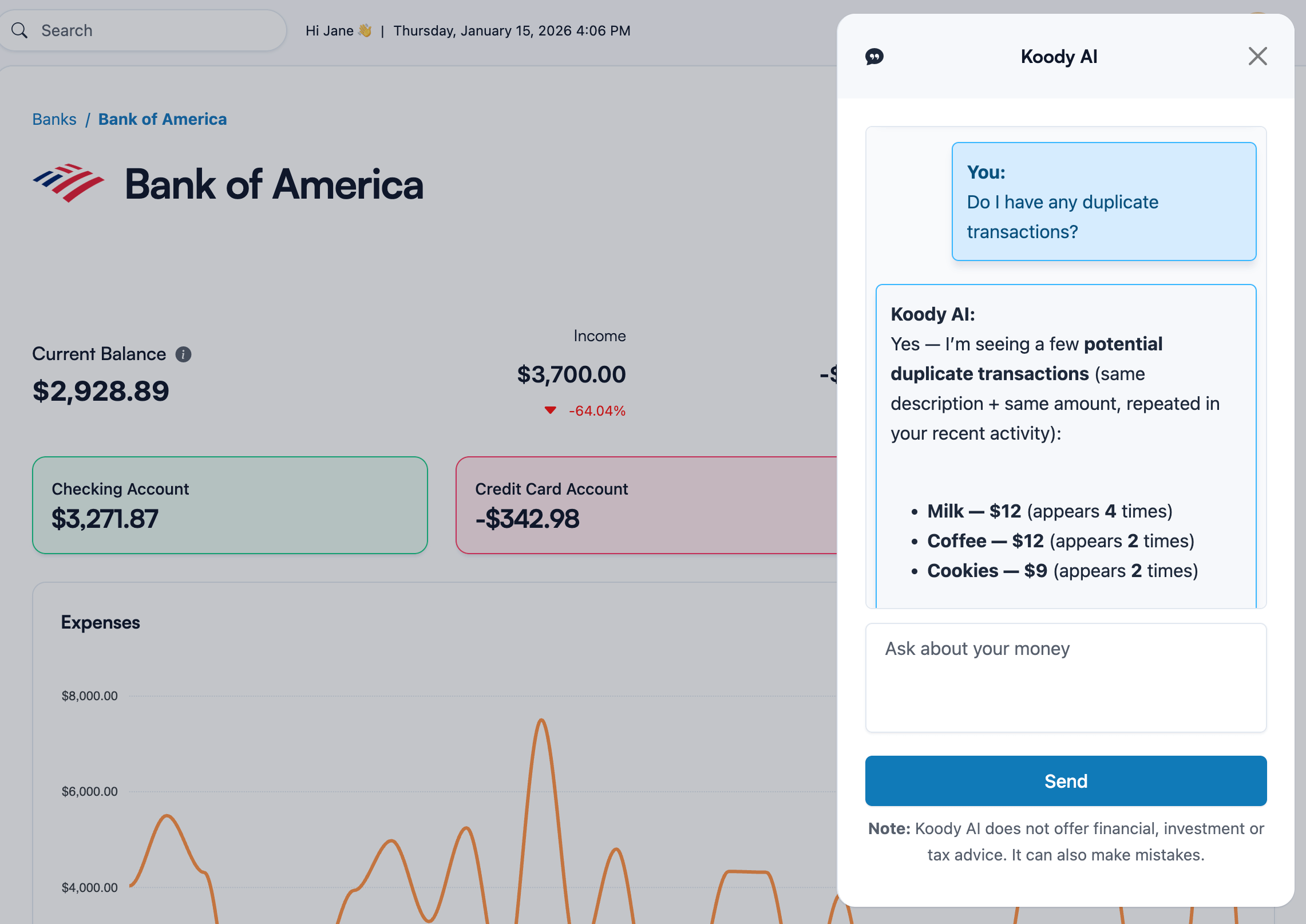 Koody AI identifies duplicate transactions, including Milk $12 (appears 4 times), Coffee $12 (appears 2 times), and Cookies $9 (appears 2 times).