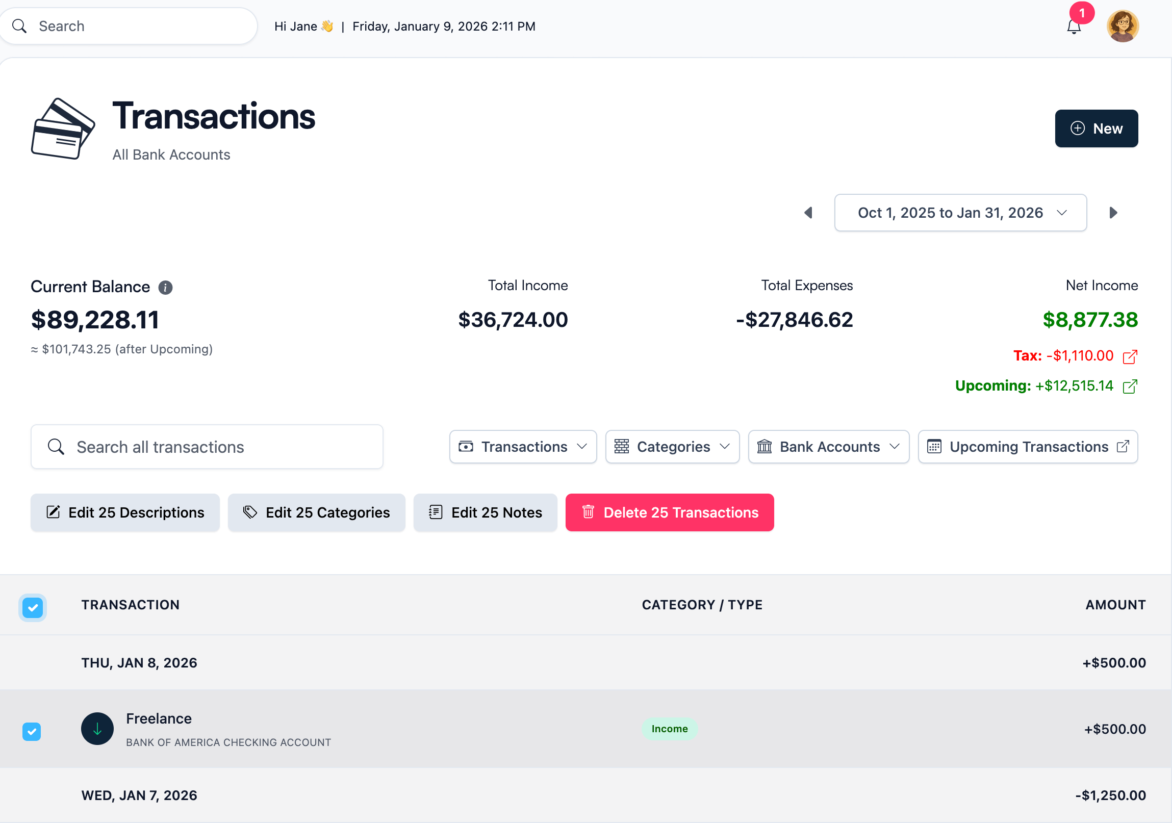 Koody Transactions screen showing the bulk edit feature, which lets users edit up to 500 transactions at once.