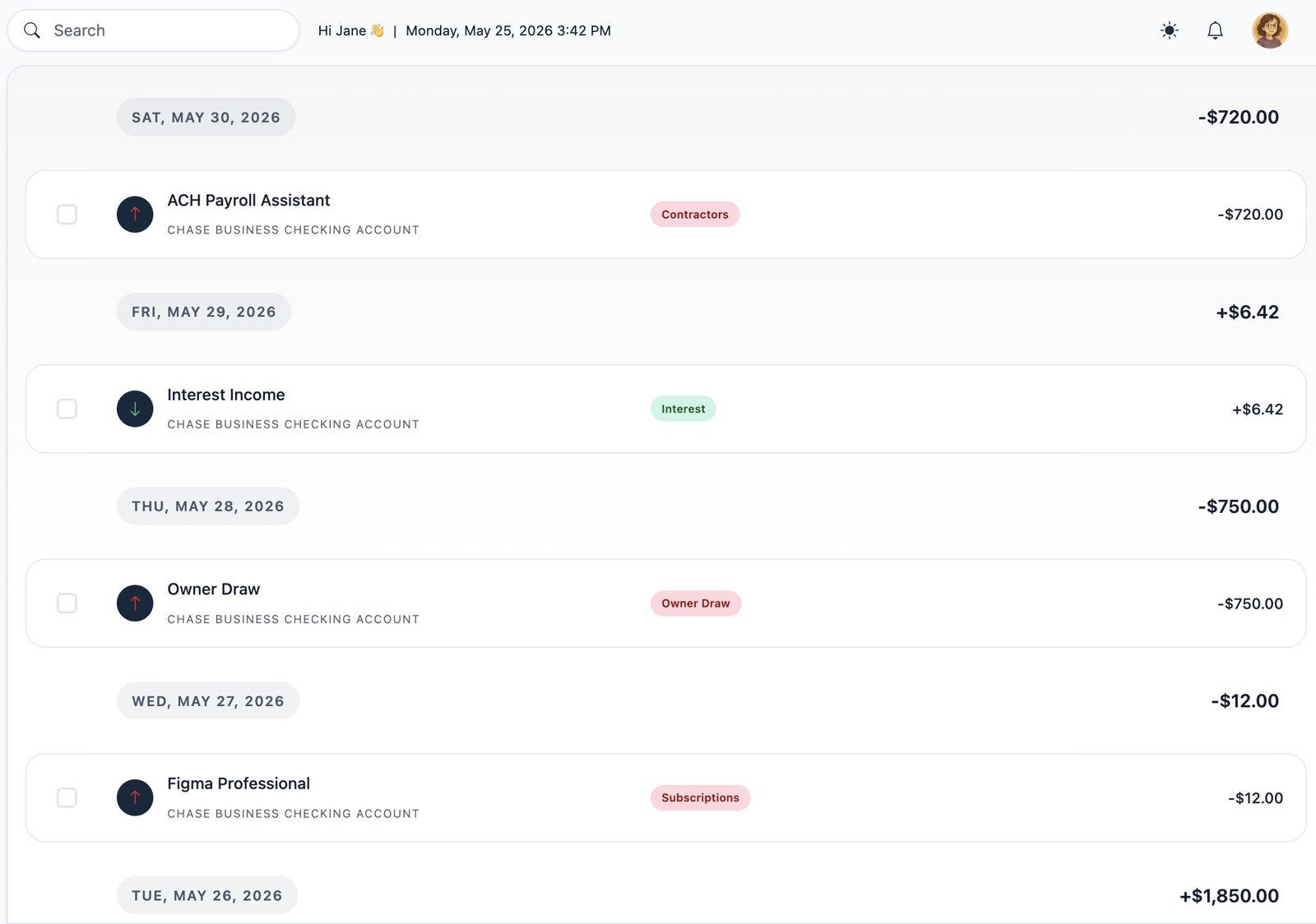 Koody business transaction list showing a contractor payment, interest income, owner draw, and subscription categorized in a business checking account.