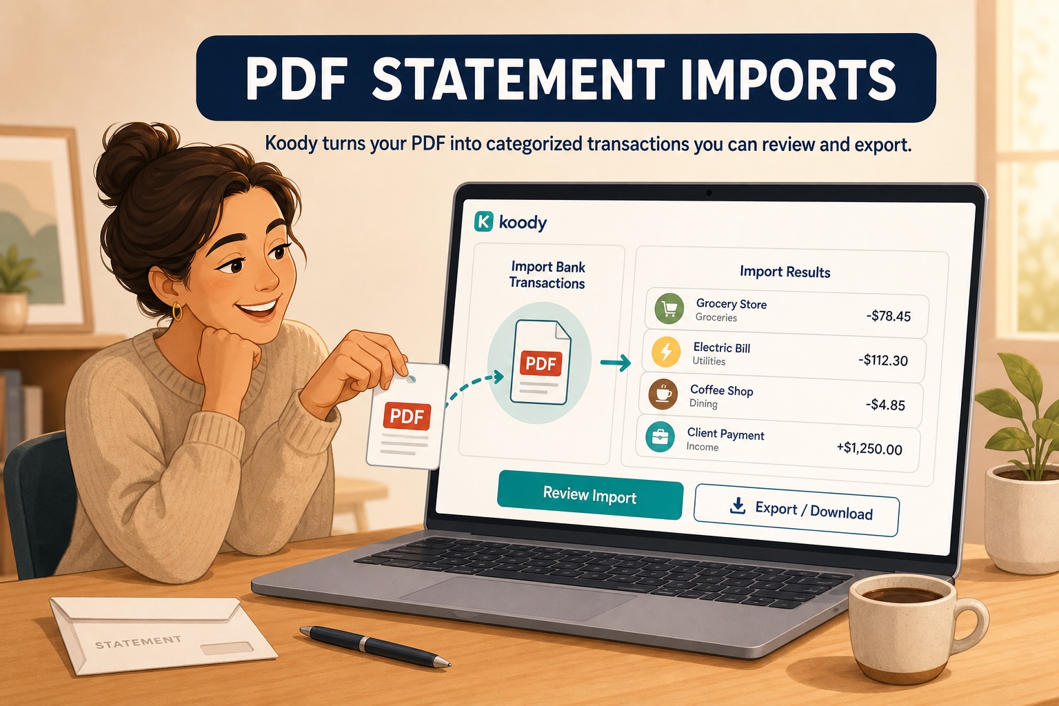 Illustration of a woman importing a PDF statement into Koody and reviewing categorized transactions with Review Import and Export or Download actions.