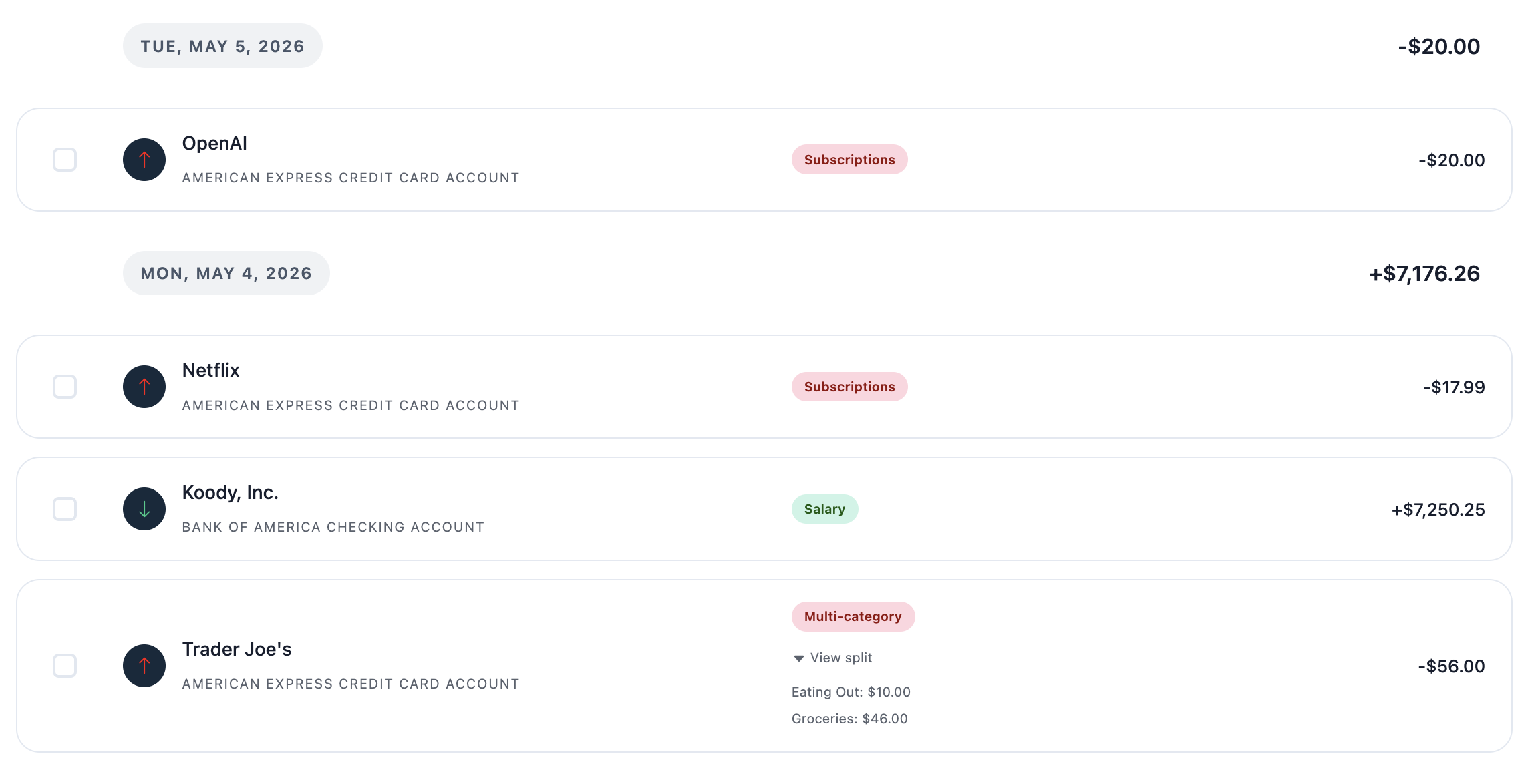 Koody transaction list showing imported transactions with categories and account details.