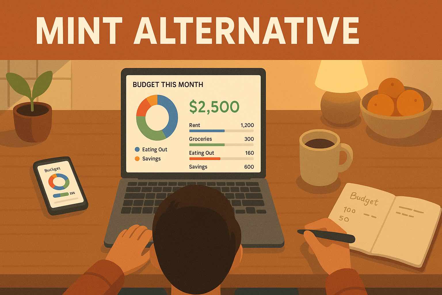 Person reviewing Koody, a Mint alternative budgeting app, on their laptop and phone at a cozy kitchen table, planning their monthly budget.