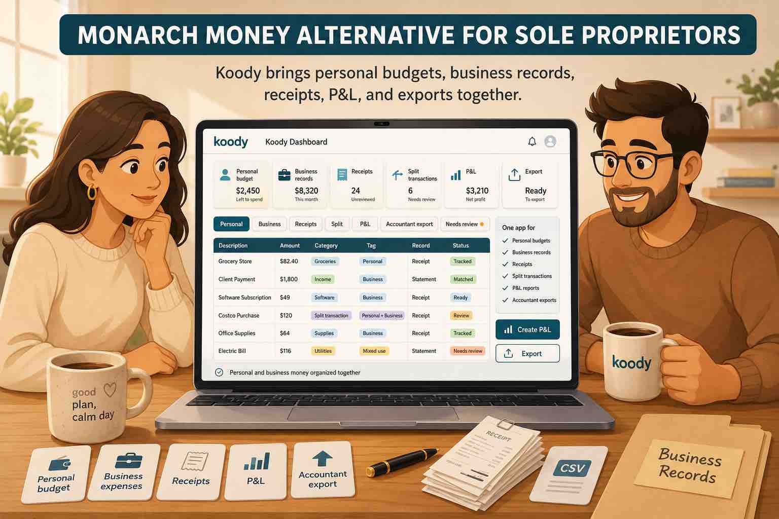 Illustration of two people reviewing personal budgets, business records, receipts, split transactions, a P&L, and accountant exports in Koody.