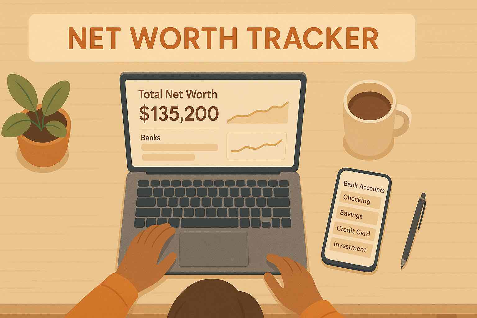 Person viewing their total net worth in Koody on a laptop screen, with a list of banks and accounts and a simple net worth chart.