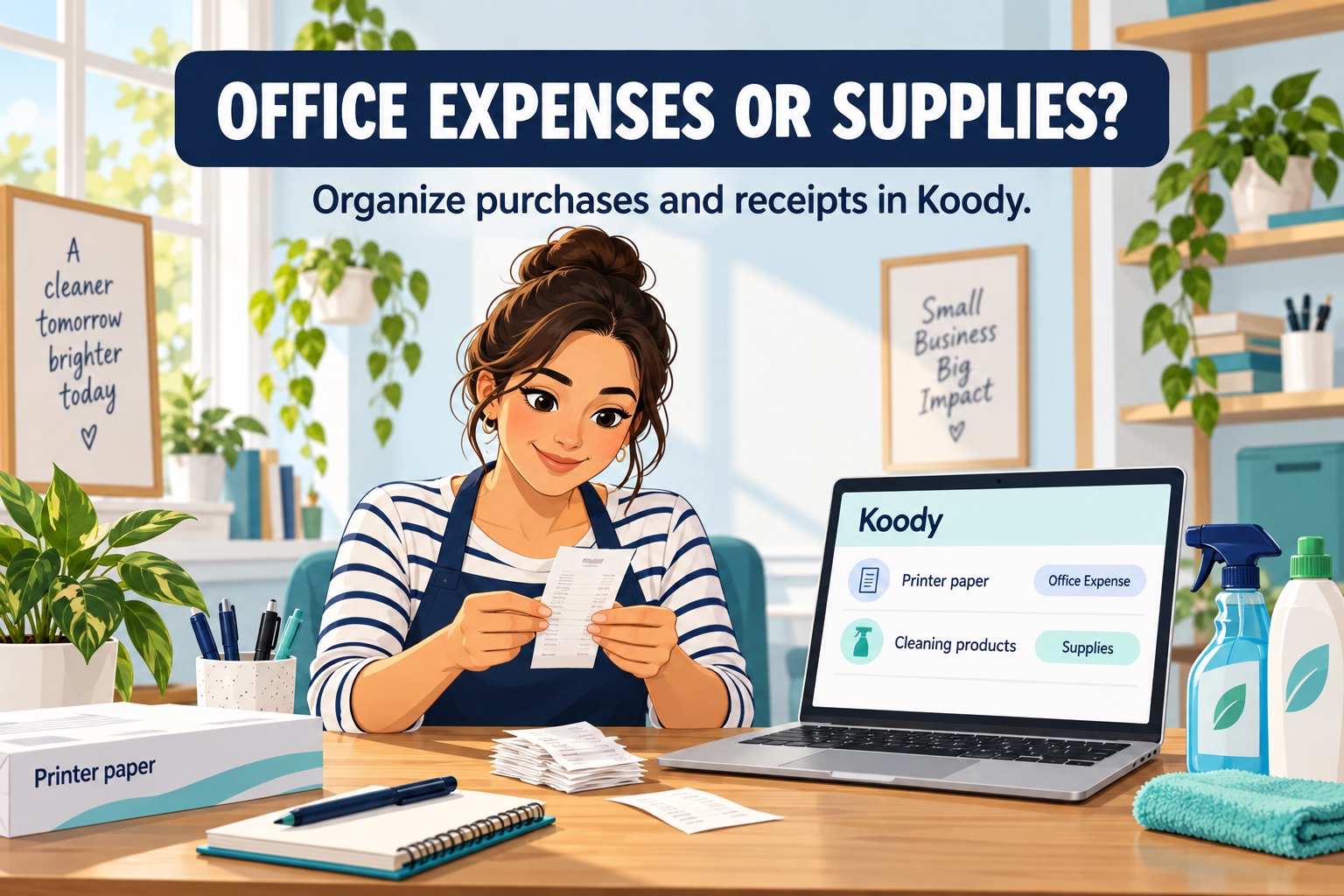 Illustration of a sole proprietor sorting a receipt beside office supplies and cleaning products, with purchases categorized on a laptop.