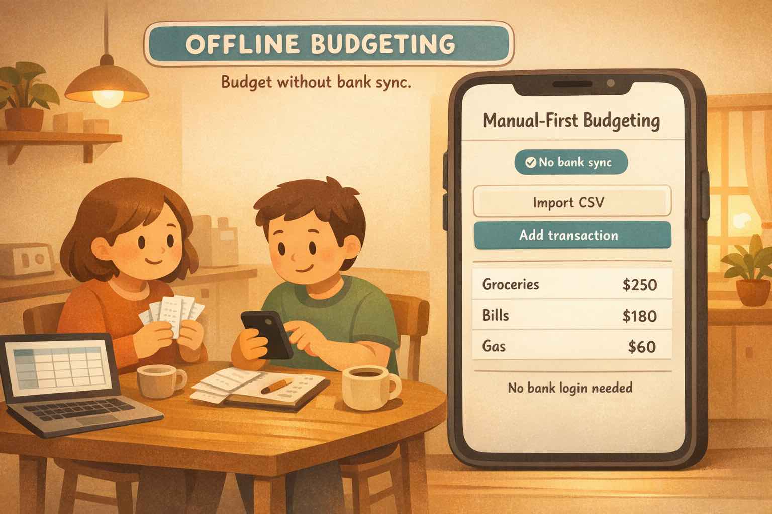 Illustration of two people budgeting at a table beside a phone screen labeled Offline Budgeting with no bank sync, import CSV, and add transaction options.
