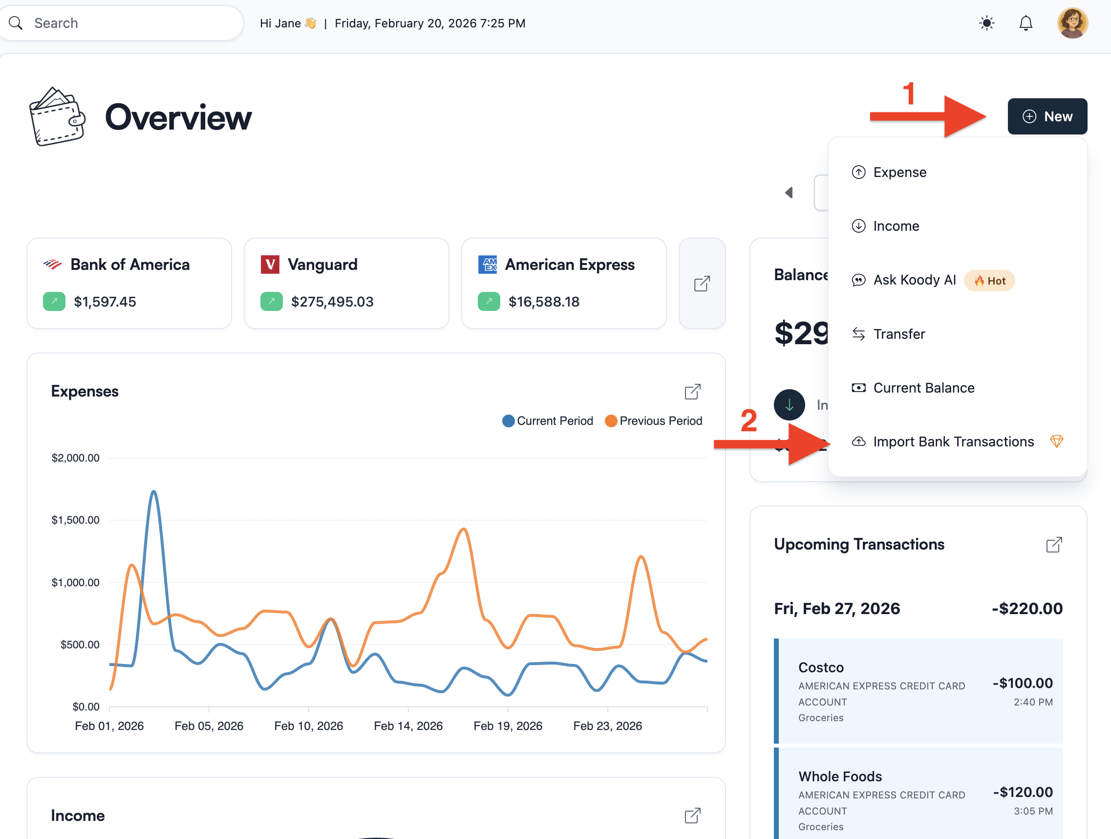 Koody Overview screen with the New menu open and Import Bank Transactions highlighted.