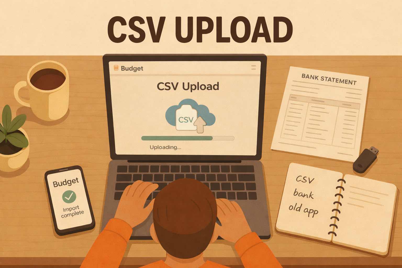 Person uploading a bank transaction CSV into the Koody money management app, with CSV Upload highlighted on screen.