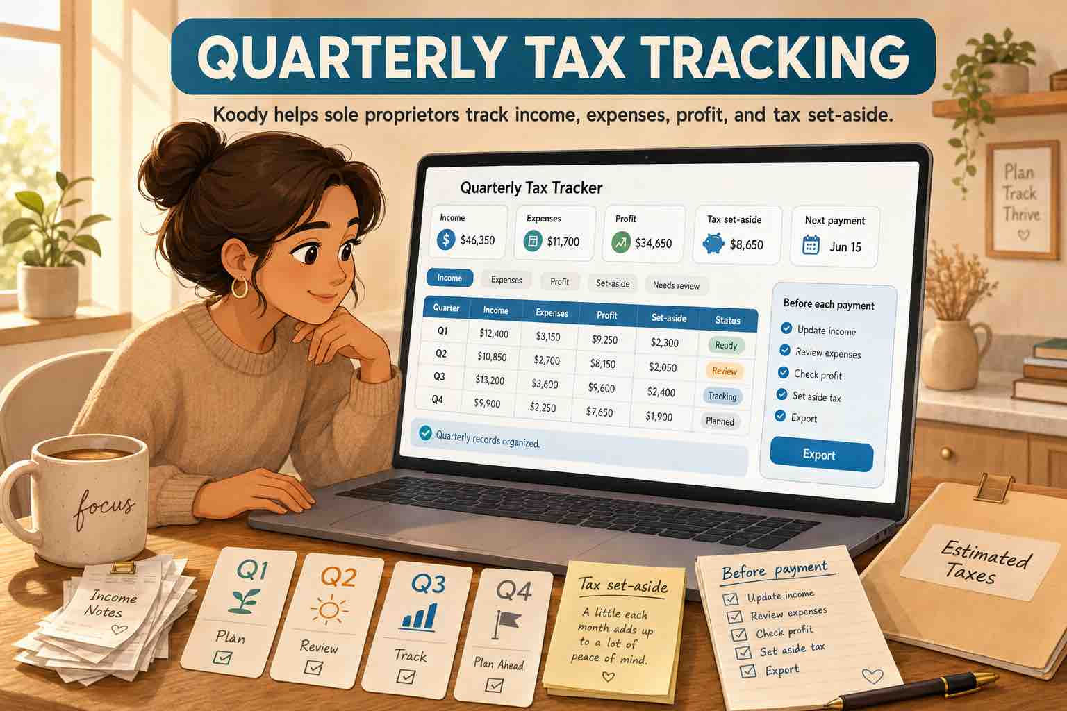 Woman reviewing a Koody quarterly tax tracker with income, expenses, profit, tax set-aside, payment checklist, receipts, and estimated tax folder.