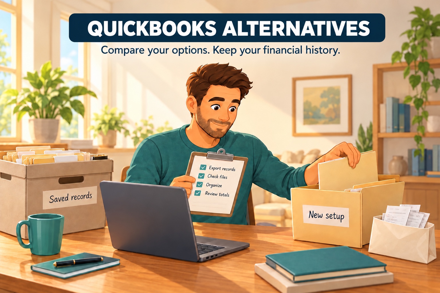 Illustration of a self-employed man reviewing archived business records beside a laptop and a folder for his new setup.