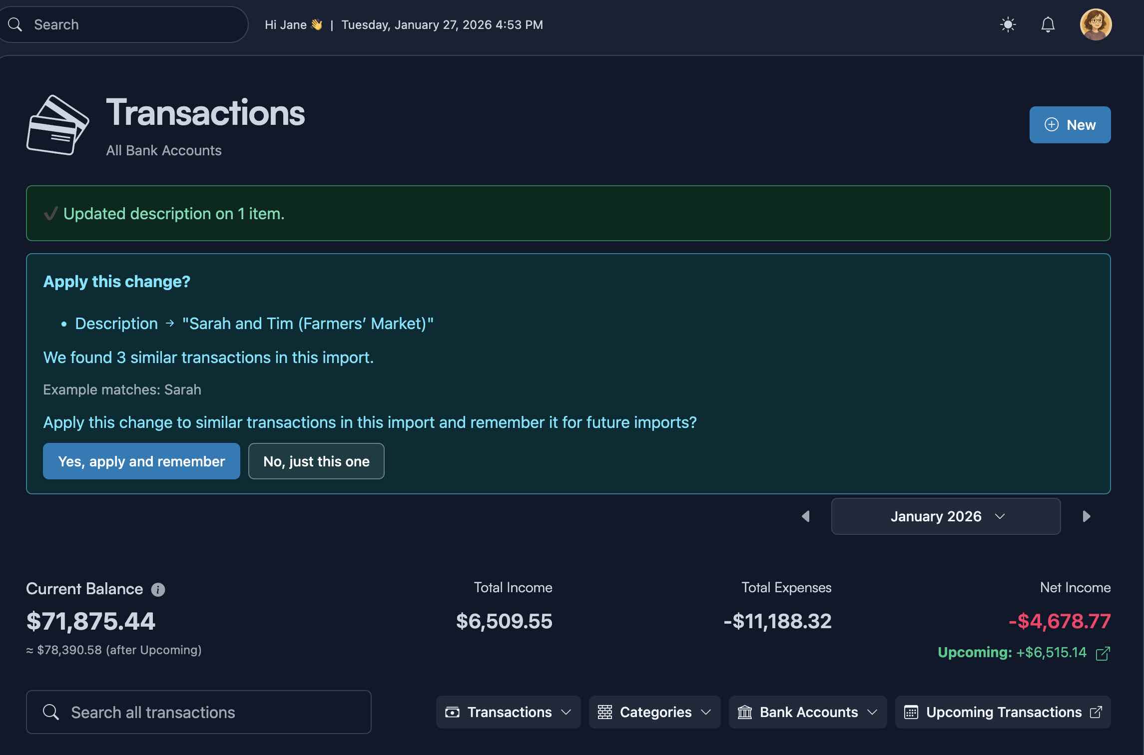 Koody Transactions screen the Import Edit Persistence prompt after a bulk edit.