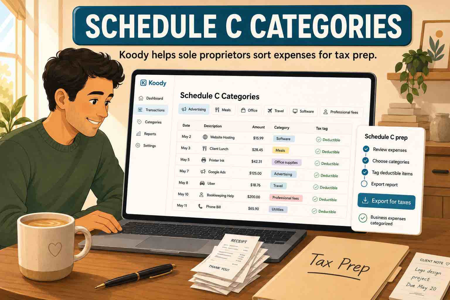 Illustration of a sole proprietor using Koody on a laptop to organize Schedule C categories, receipts, and a tax-prep checklist.