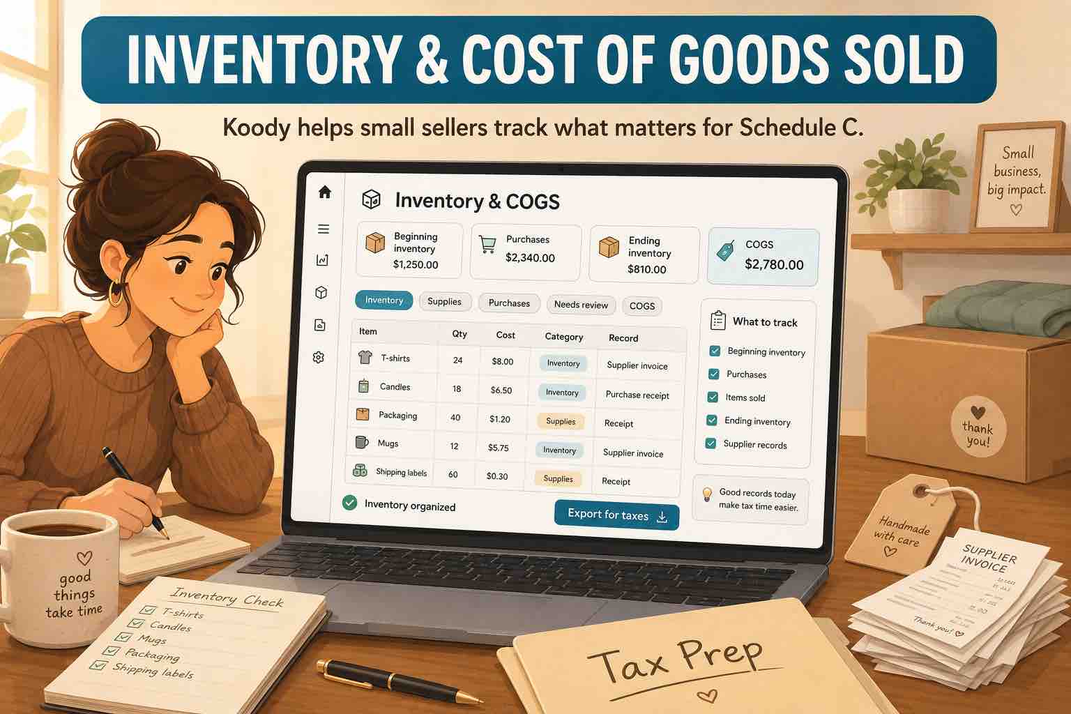 Illustration of a small seller reviewing inventory and cost of goods sold records in Koody, with supplier invoices, an inventory checklist, shipping boxes, and tax prep notes.