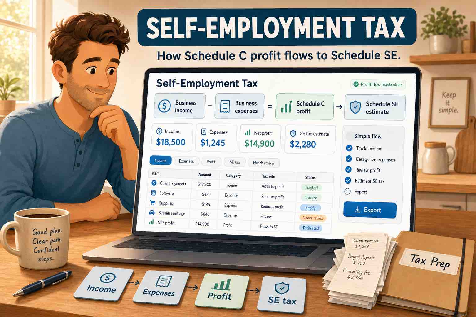 Person reviewing a Koody self-employment tax screen showing business income, expenses, Schedule C profit, Schedule SE estimate, receipts, and tax prep folder.