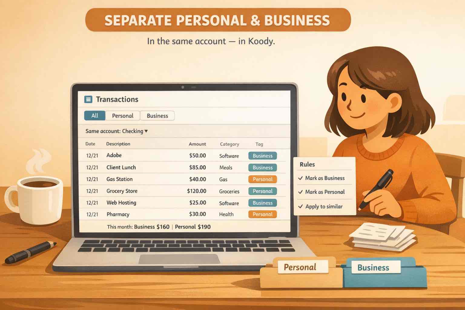 Illustration of a person separating mixed transactions in one checking account into Personal and Business views in Koody on a laptop.