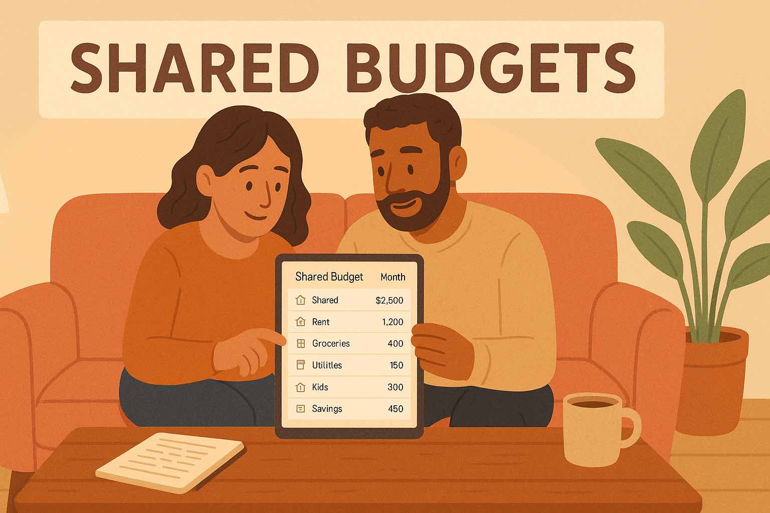 Couple sitting together on a sofa, reviewing a shared budget in Koody on a tablet and phone, with clear categories and shared expenses visible.