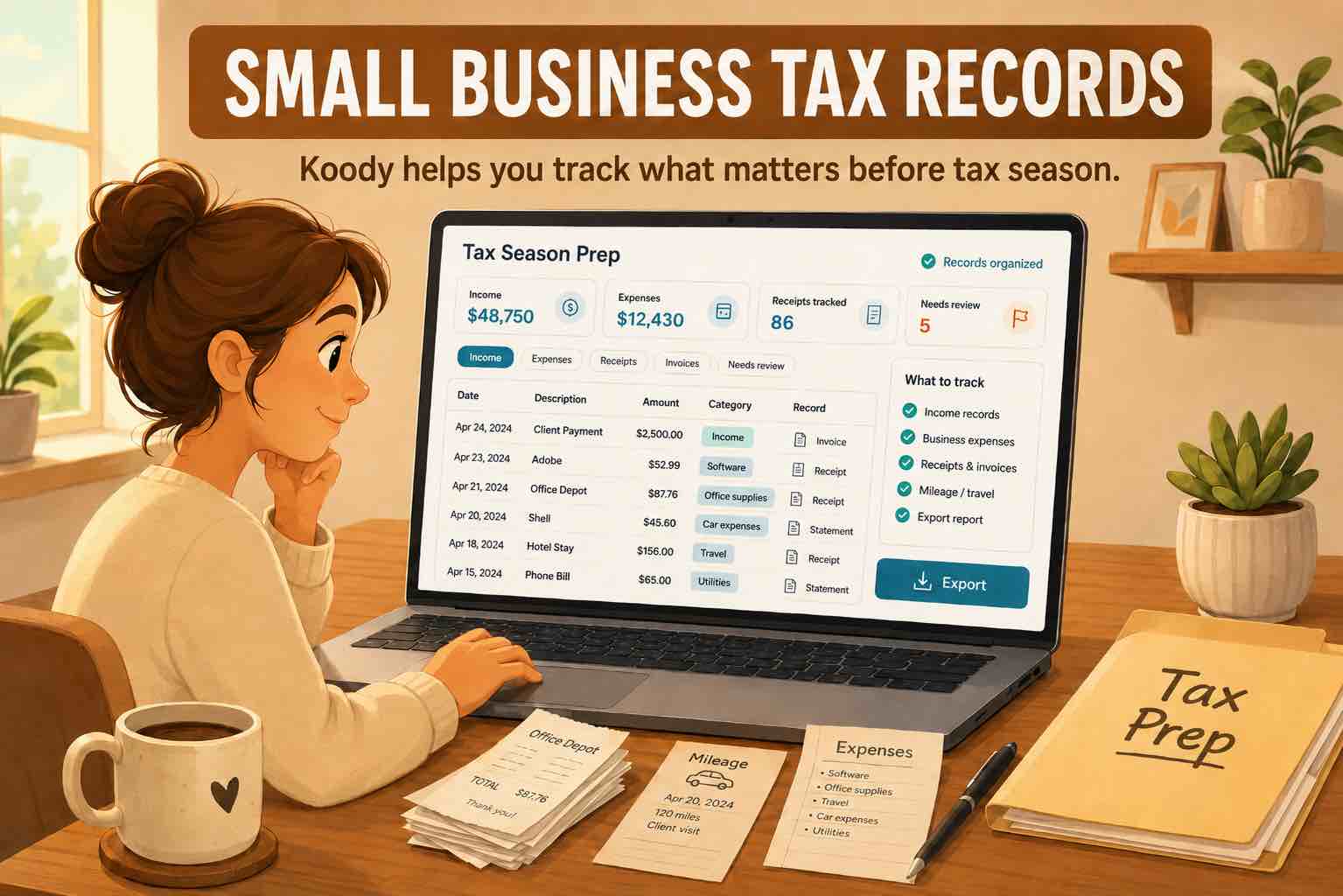 Illustration of a person reviewing small business tax records in Koody on a laptop, with receipts, mileage notes, expenses, and a tax prep folder on the desk.