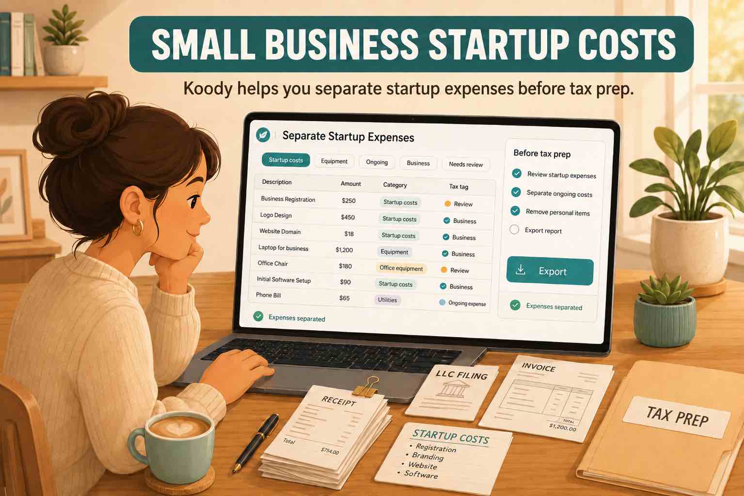 Illustration of a person using Koody to separate small business startup costs, receipts, LLC filing papers, invoices, and tax-prep records on a laptop.