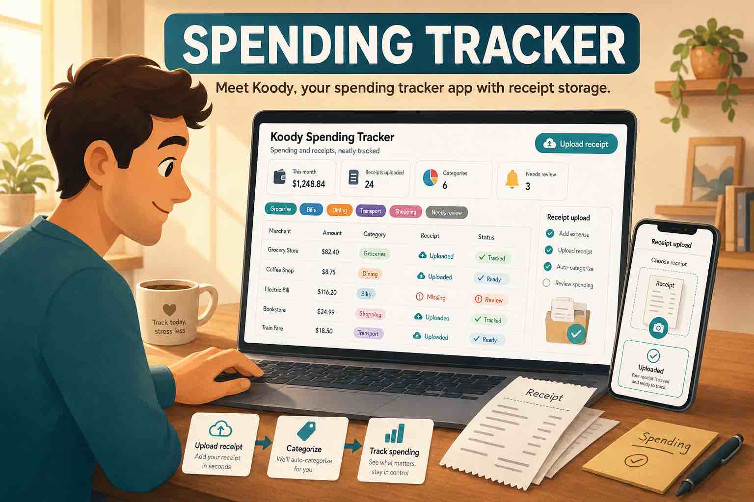 Person reviewing the Koody spending tracker on a laptop, with receipt upload on a phone, category tags, uploaded receipt rows, paper receipts, and spending notes.