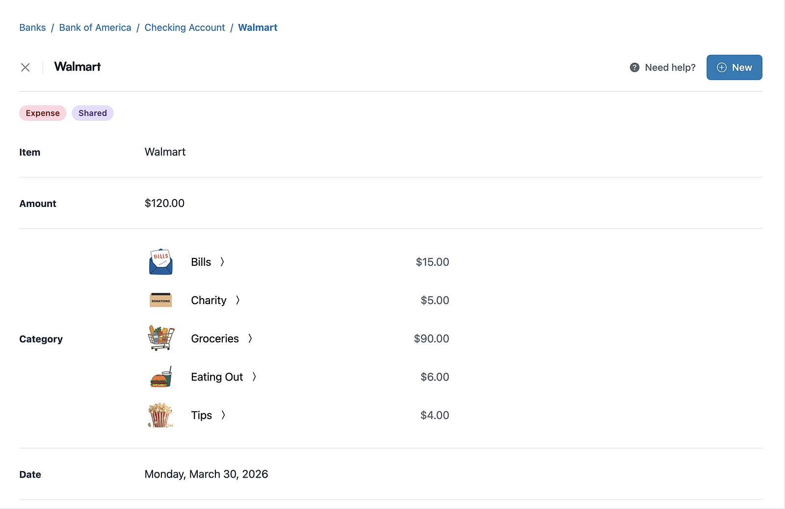 Koody transaction detail screen showing a Walmart expense split across Bills, Charity, Groceries, Eating Out, and Tips with separate amounts.