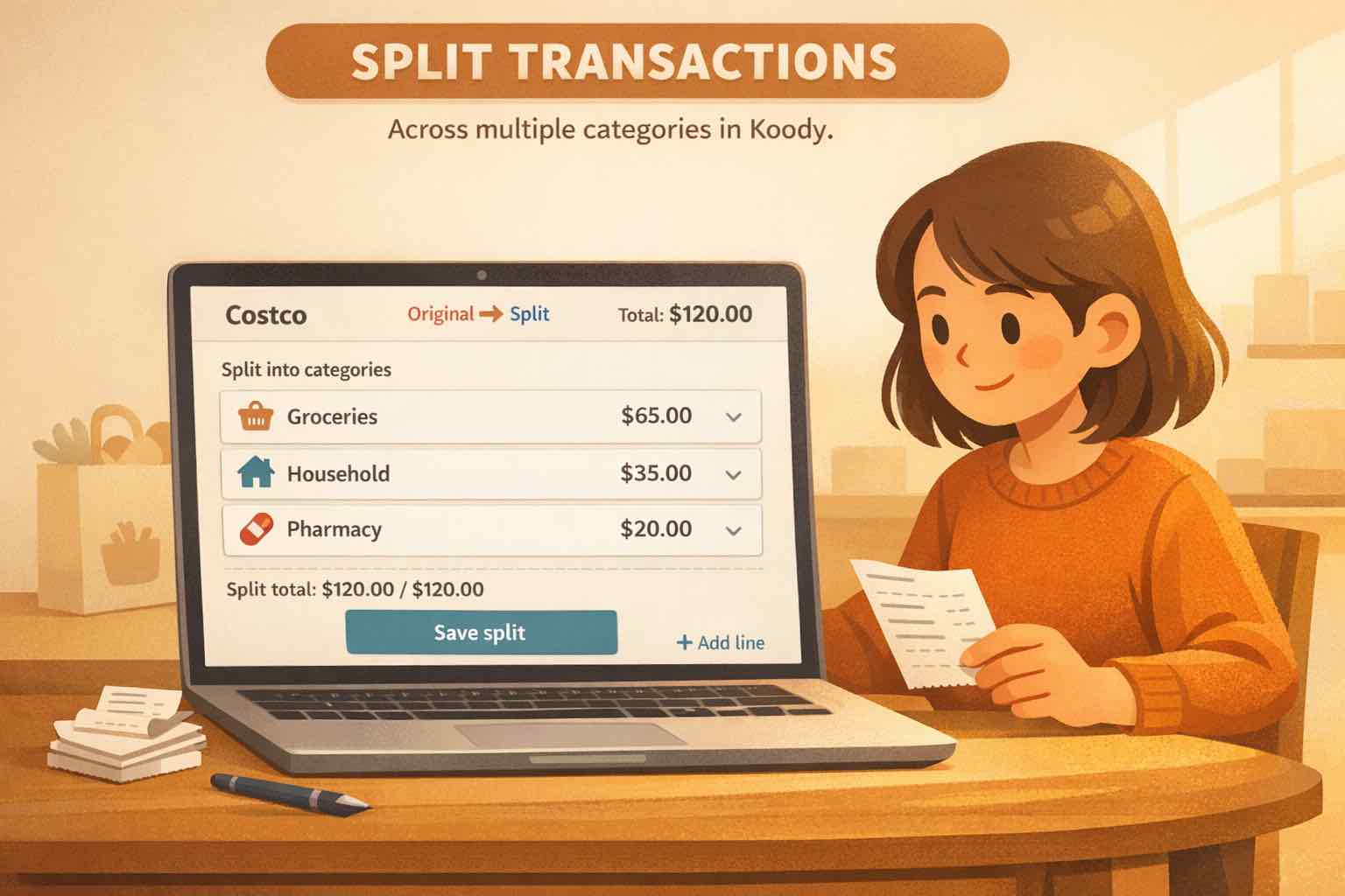 Illustration of a Costco purchase in Koody split across Groceries, Household, and Pharmacy categories on a laptop screen.