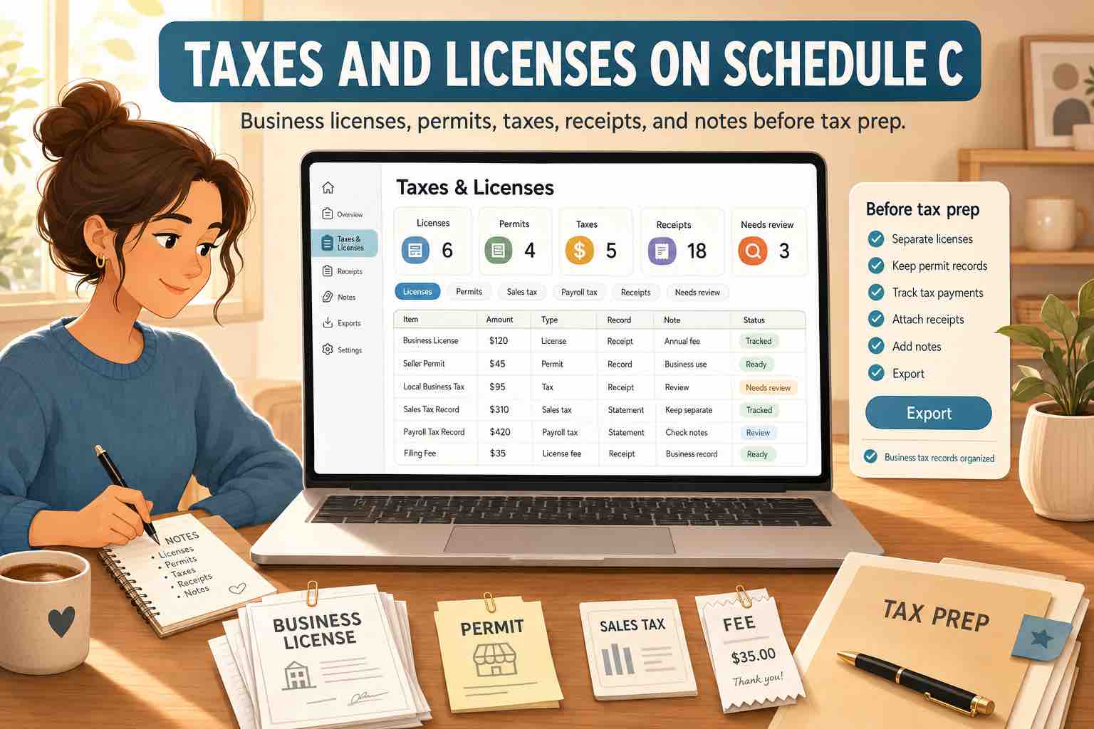 Woman reviewing taxes and licenses in Koody, with business license, permit, sales tax, fee receipt, notes, export checklist, and tax prep folder on the desk.