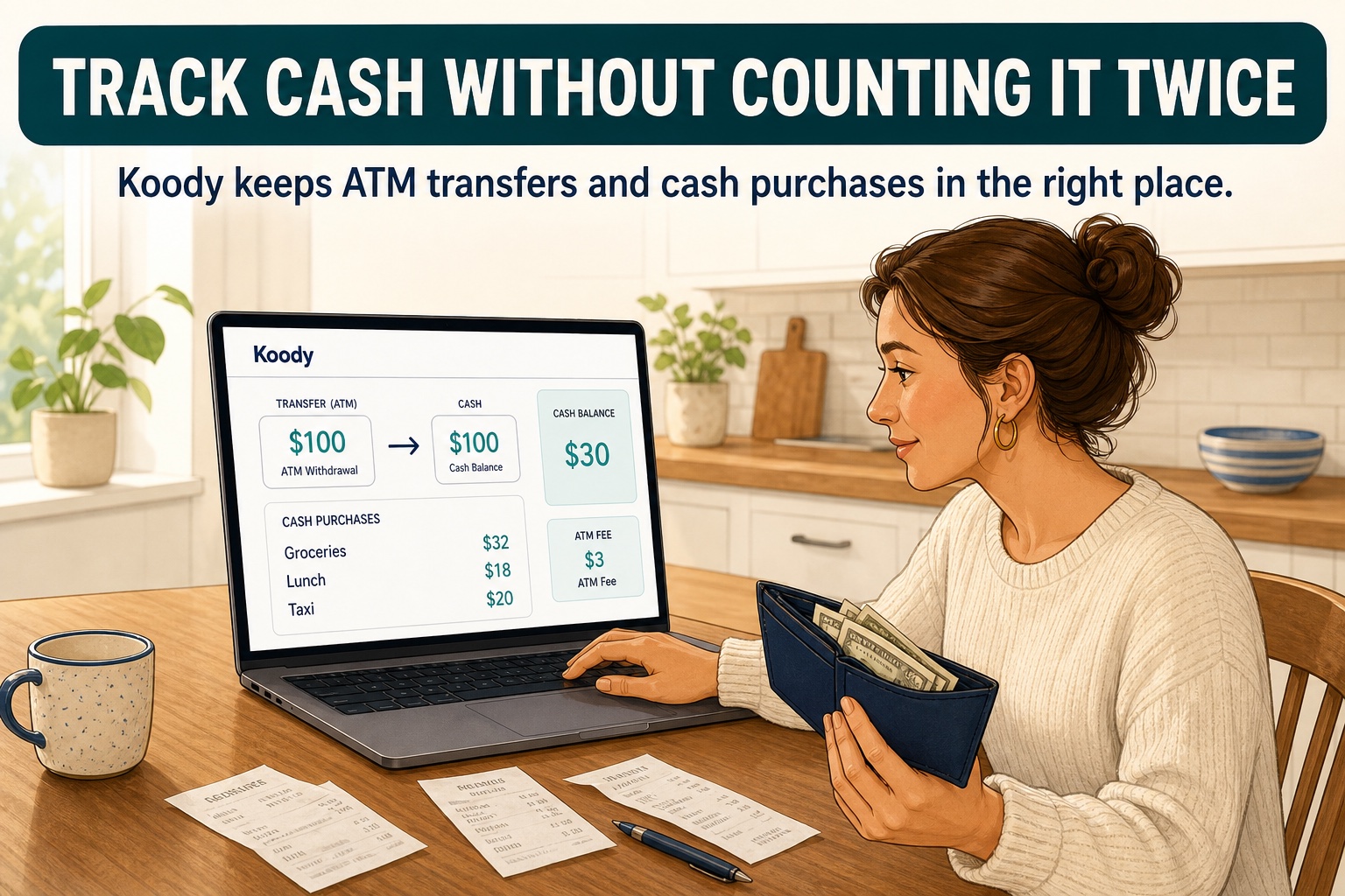 Illustration of a woman holding cash beside a Koody screen showing a $100 ATM transfer, cash purchases, a $3 ATM fee, and a $30 cash balance.