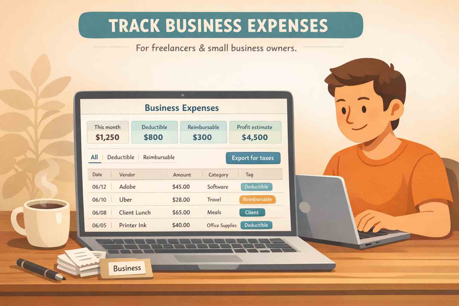 Business expense tracker interface showing monthly deductible, reimbursable, and profit estimate totals above a transaction list with expenses like Adobe, Uber, client lunch, and printer ink.