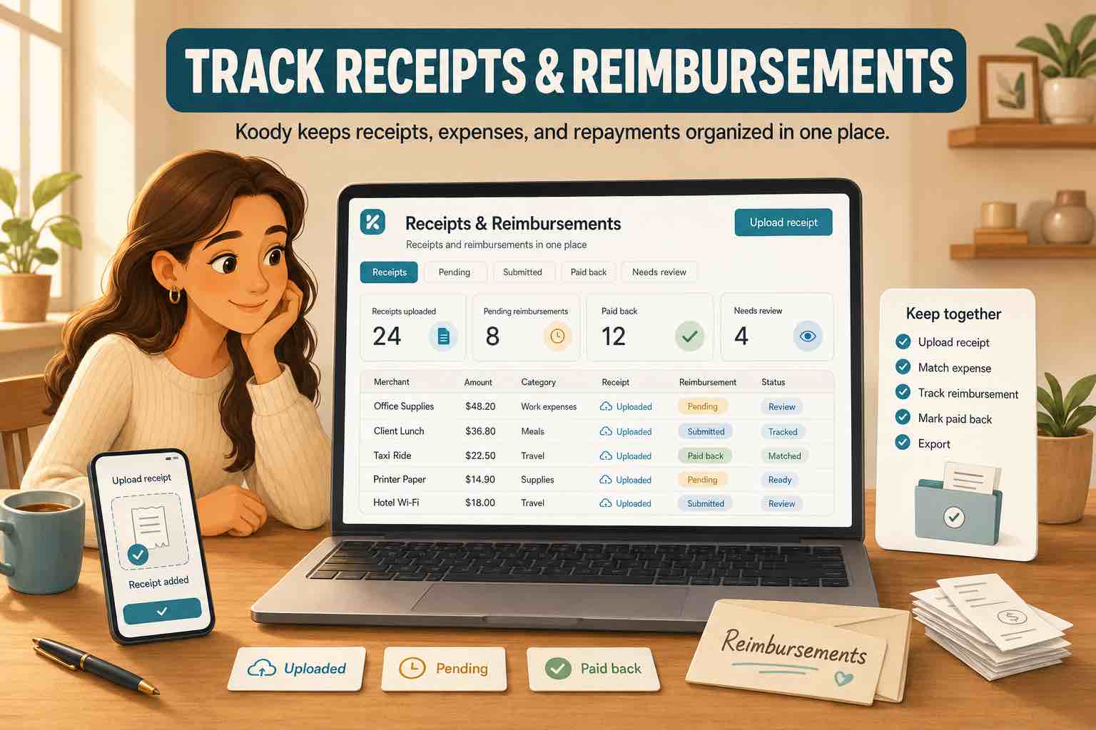 Woman reviewing a Koody receipts and reimbursements dashboard on a laptop, with receipt upload on a phone, reimbursement status cards, receipts, and paid-back labels.
