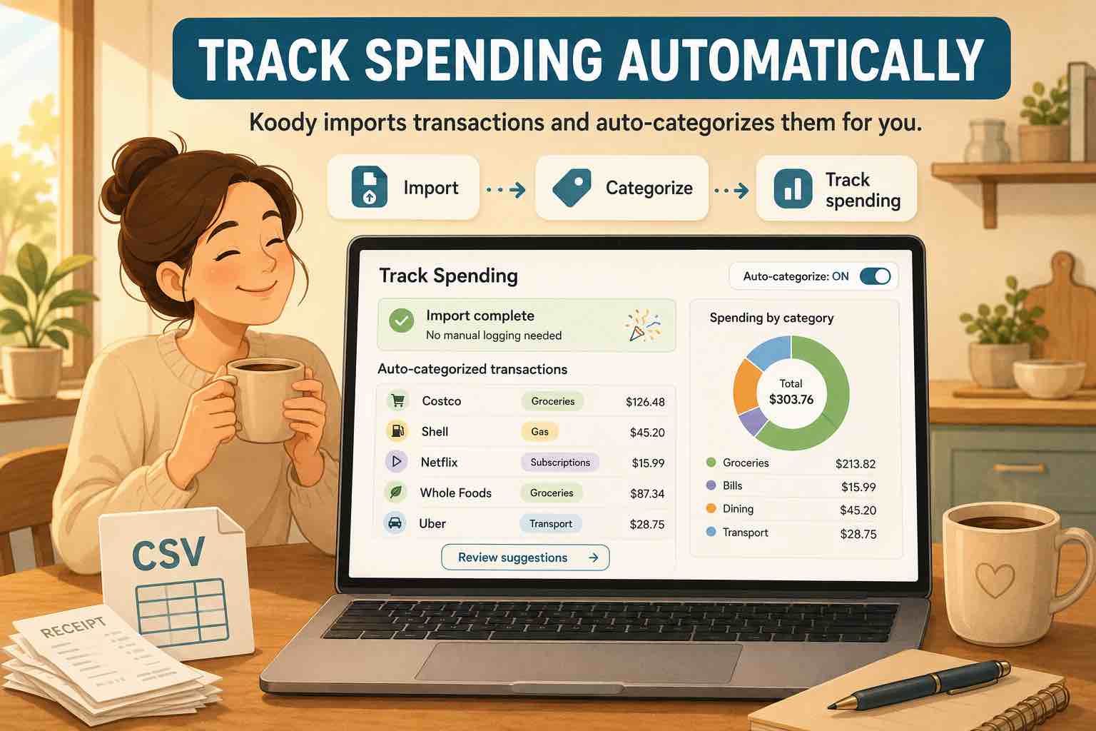 Illustration of a person using Koody on a laptop to track spending automatically without manual logging.