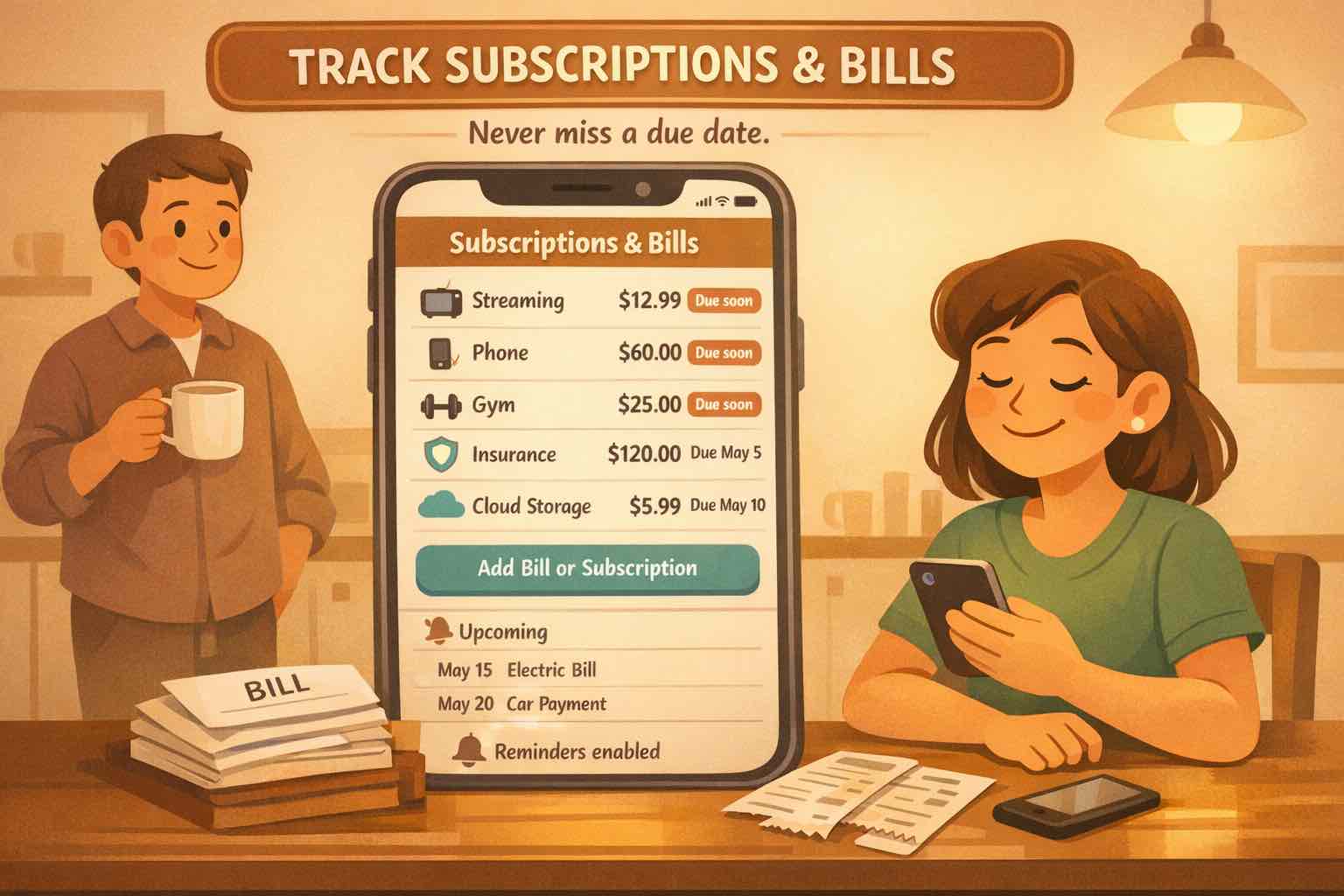 A phone showing a subscriptions and bills list beside a latte and notepad, highlighting upcoming due dates.