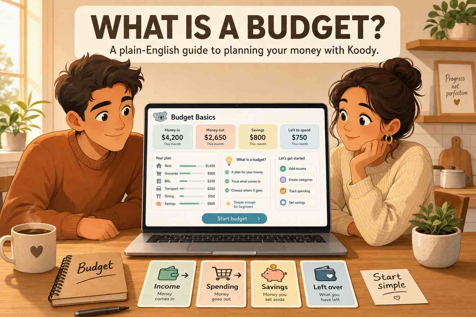 Illustration of two people looking at a Koody budget basics screen with money in, money out, savings, left to spend, and beginner budget category cards.