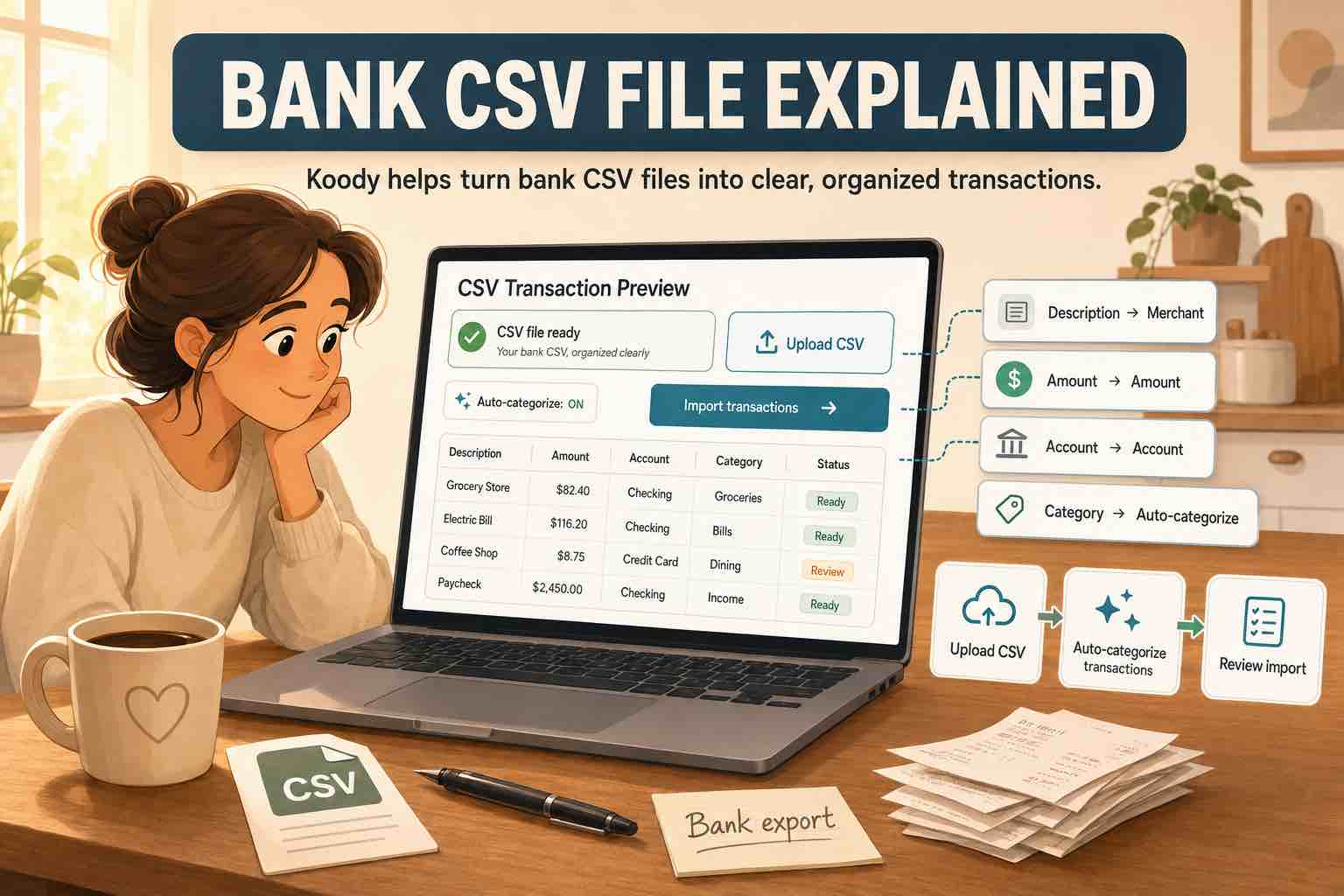 Illustration of a bank CSV file preview in Koody with upload CSV, auto-categorize transactions, review import steps, and transaction rows on a laptop.