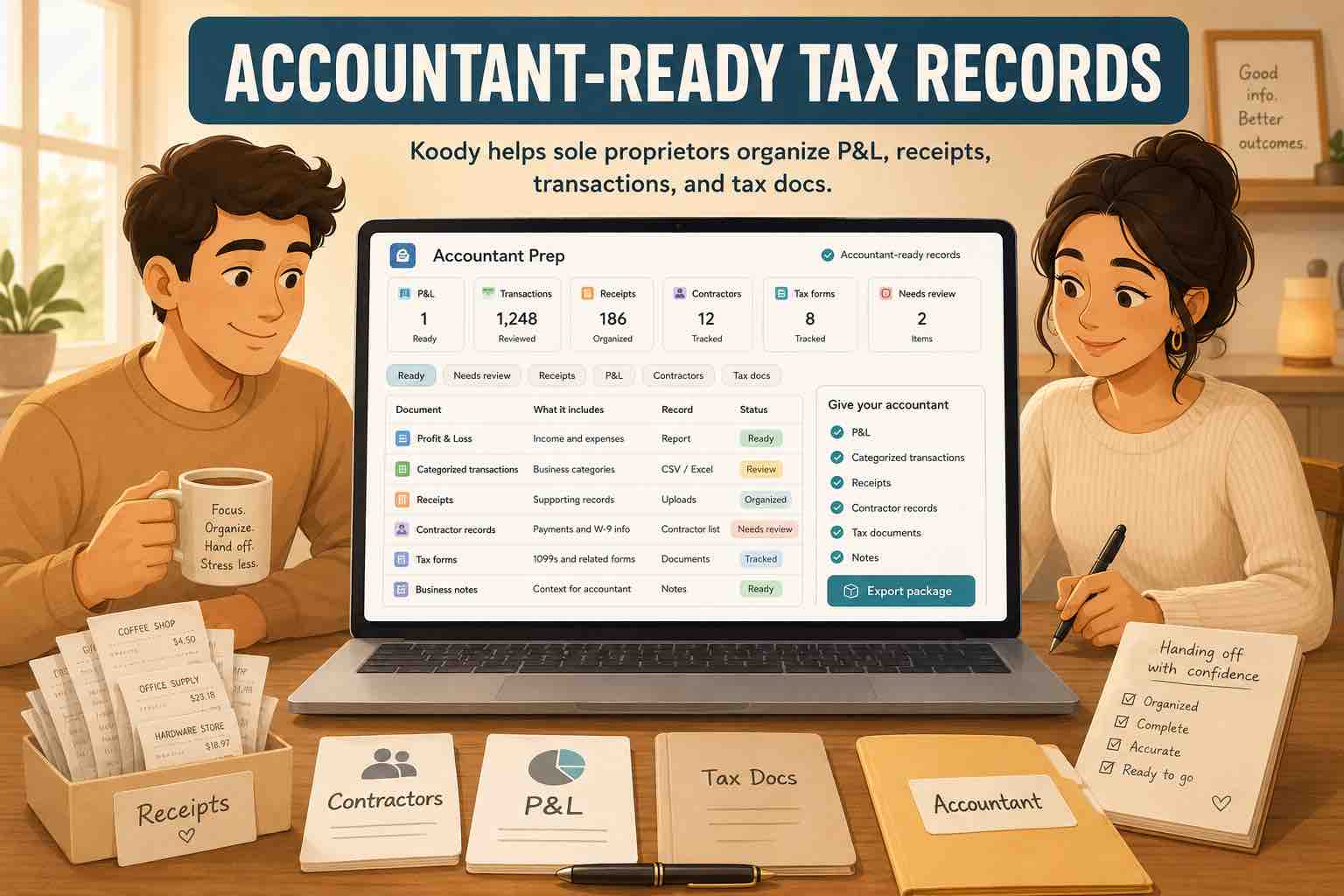 Illustration of two sole proprietors organizing accountant-ready tax records in Koody, including a P&L, categorized transactions, receipts, contractor records, and tax forms.