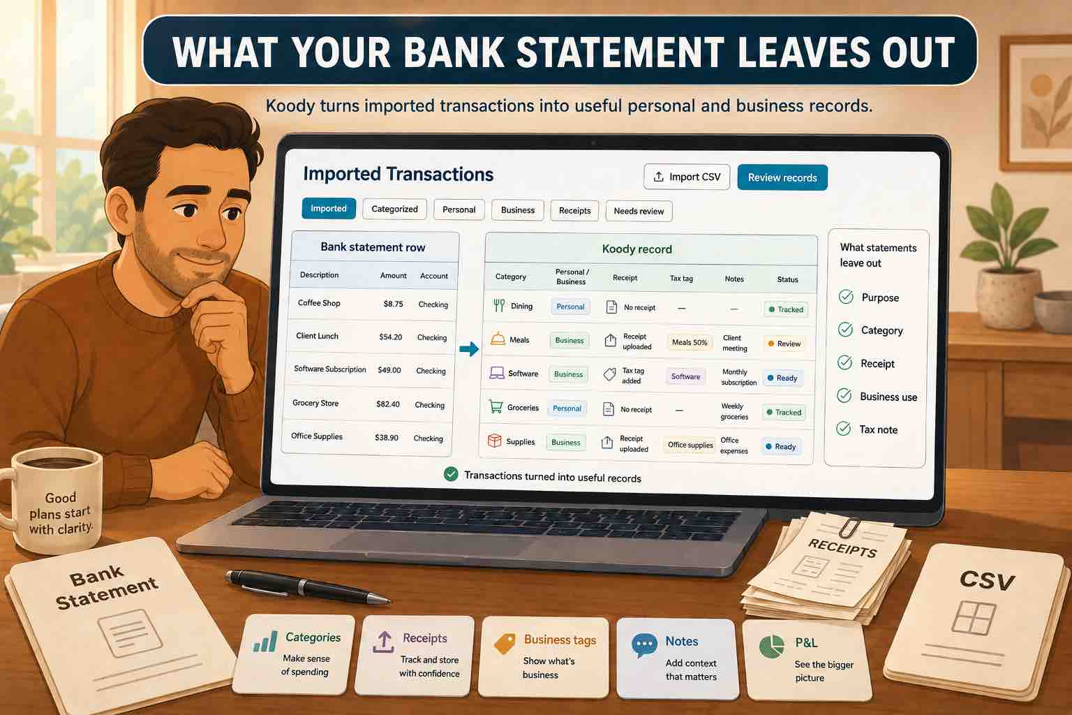 Illustration of a man reviewing imported bank statement rows and enriched Koody records with categories, receipts, business tags, notes, and a P&L.