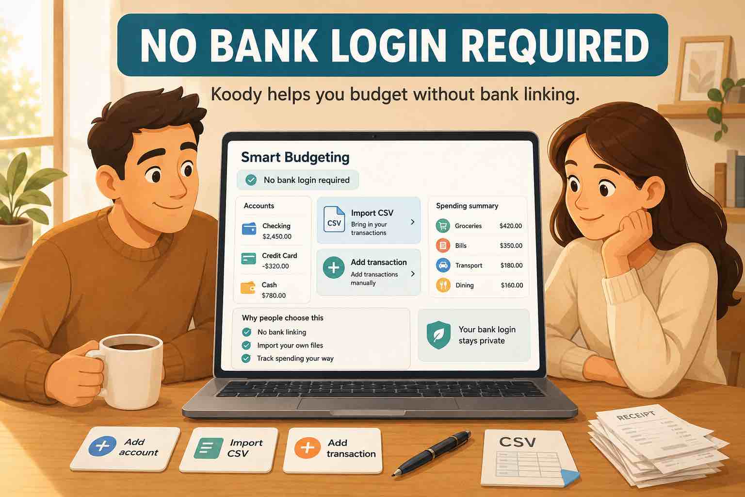 Two people reviewing a no-bank-login budgeting screen with account balances, spending categories, transaction import, add transaction, and receipts.