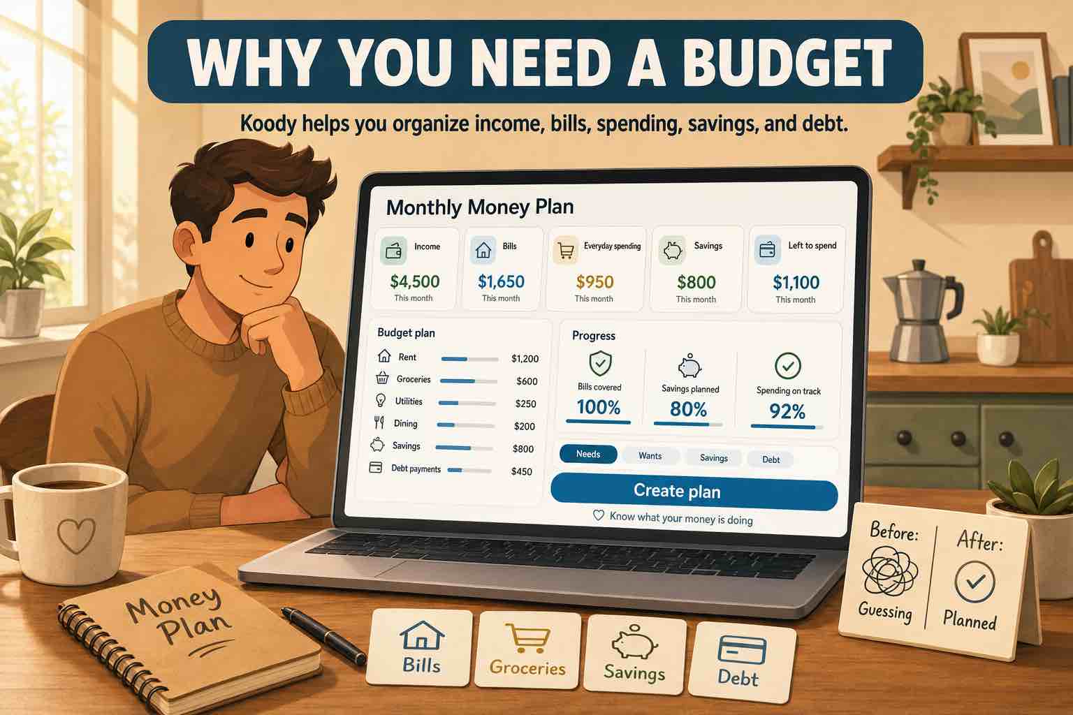 Illustration of a Koody monthly money plan showing income, bills, everyday spending, savings, debt, and a before-and-after move from guessing to planned.