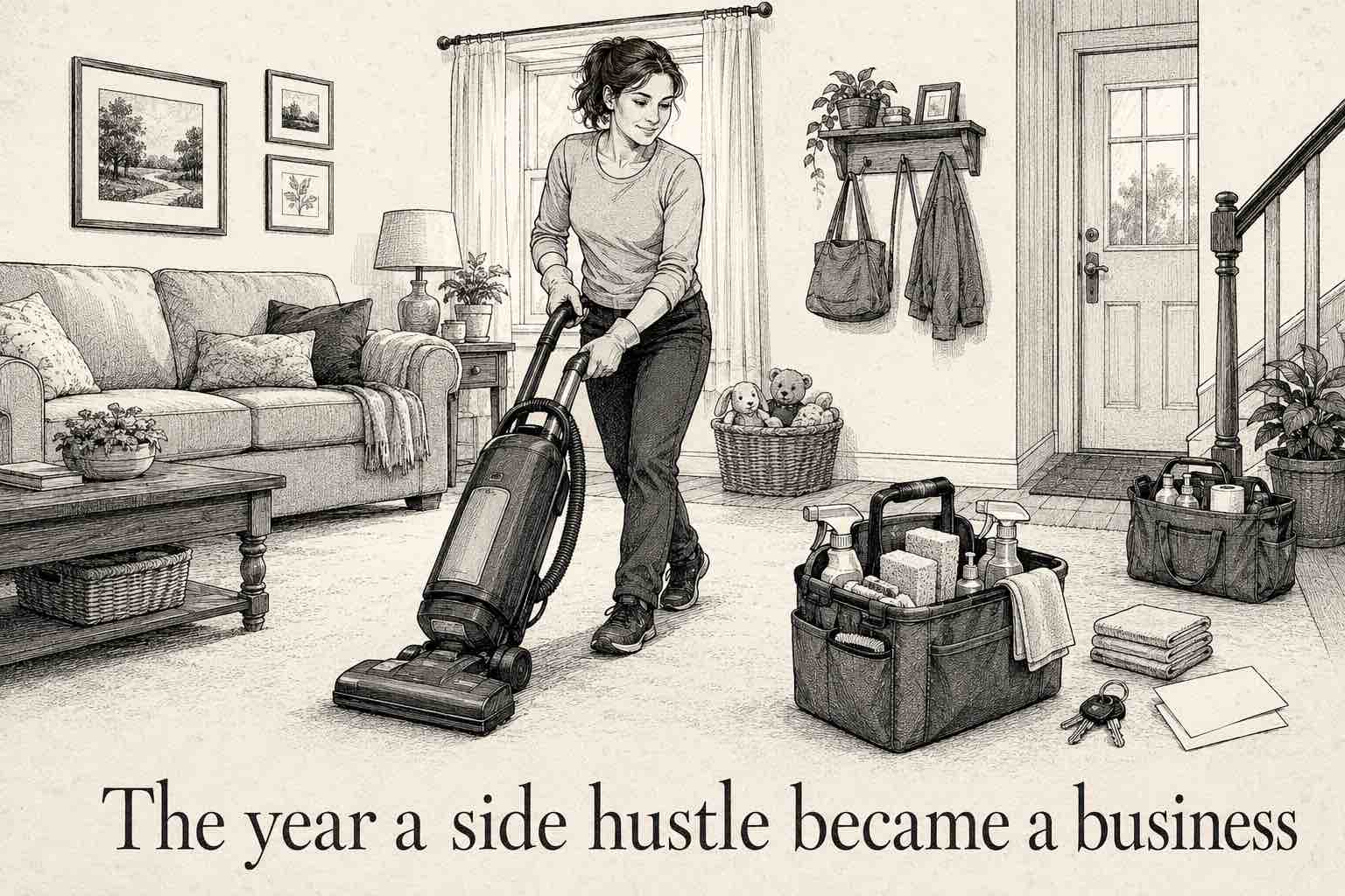 Black-and-white illustration of a woman vacuuming a living room beside cleaning supplies, with the title The year a side hustle became a business.