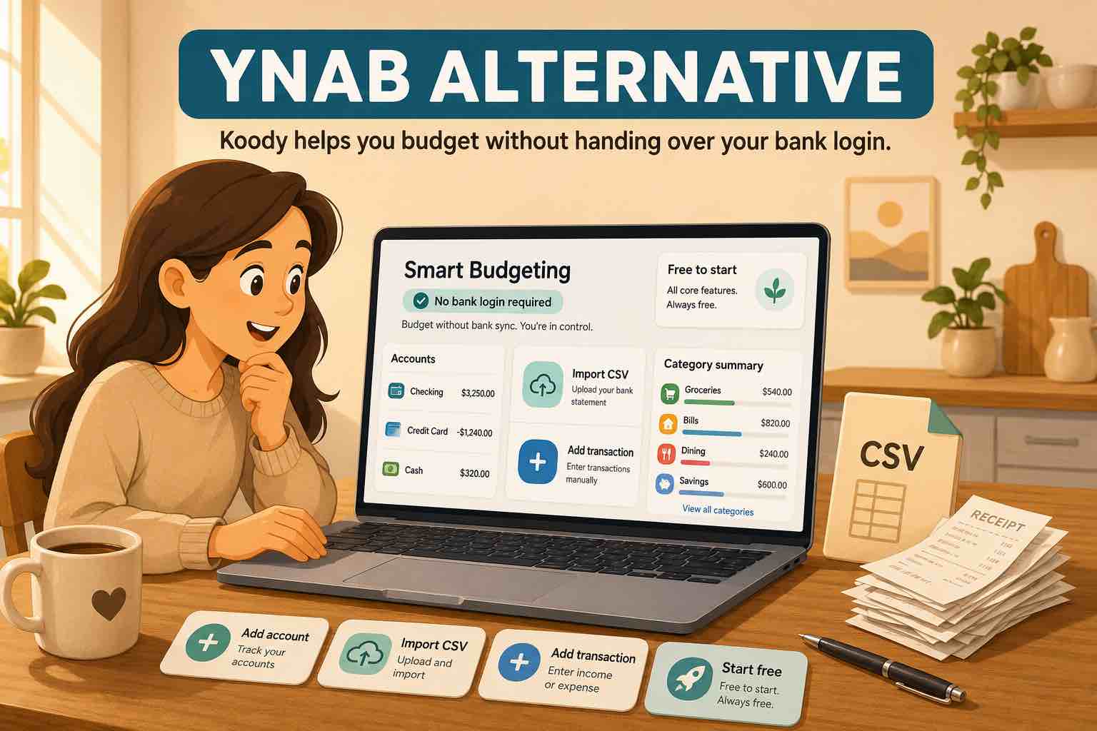 Person using Koody on a laptop as a YNAB alternative, with smart budgeting, import CSV, add transaction, category summary, receipts, and a CSV file on the desk.