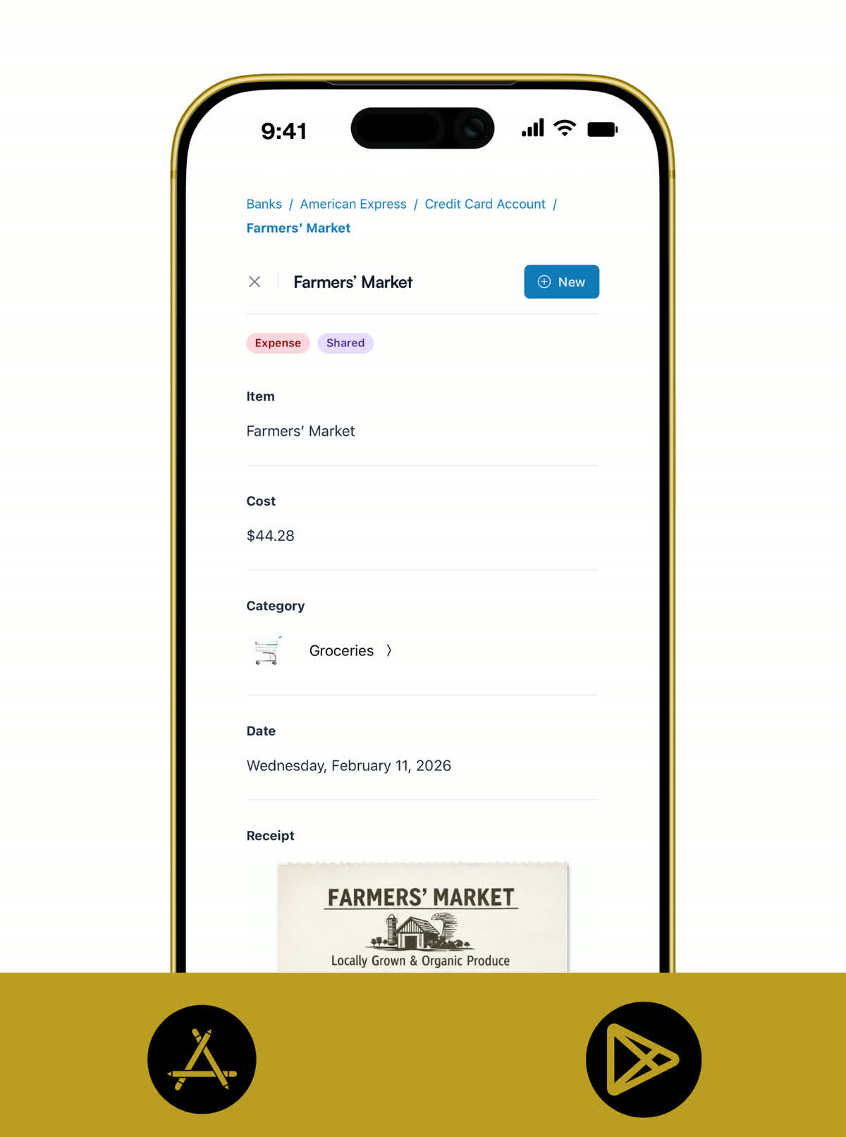 Koody mobile shared expense detail screen showing category, date, and an attached receipt