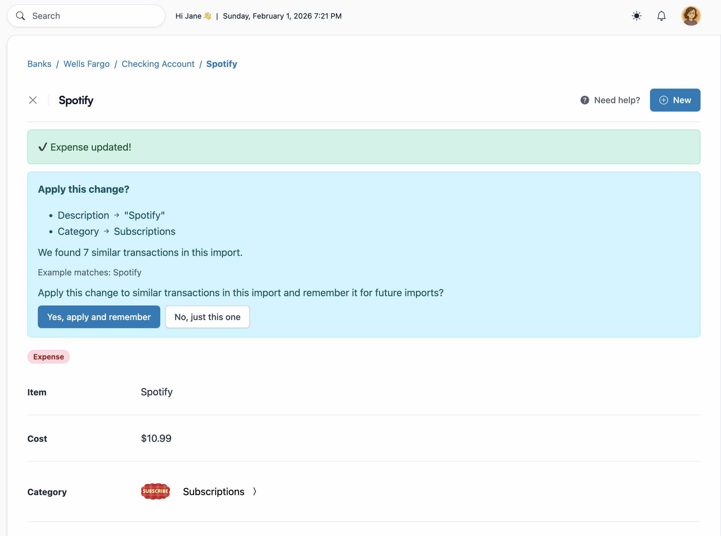 Koody import edit persistence prompt shown after editing a transaction