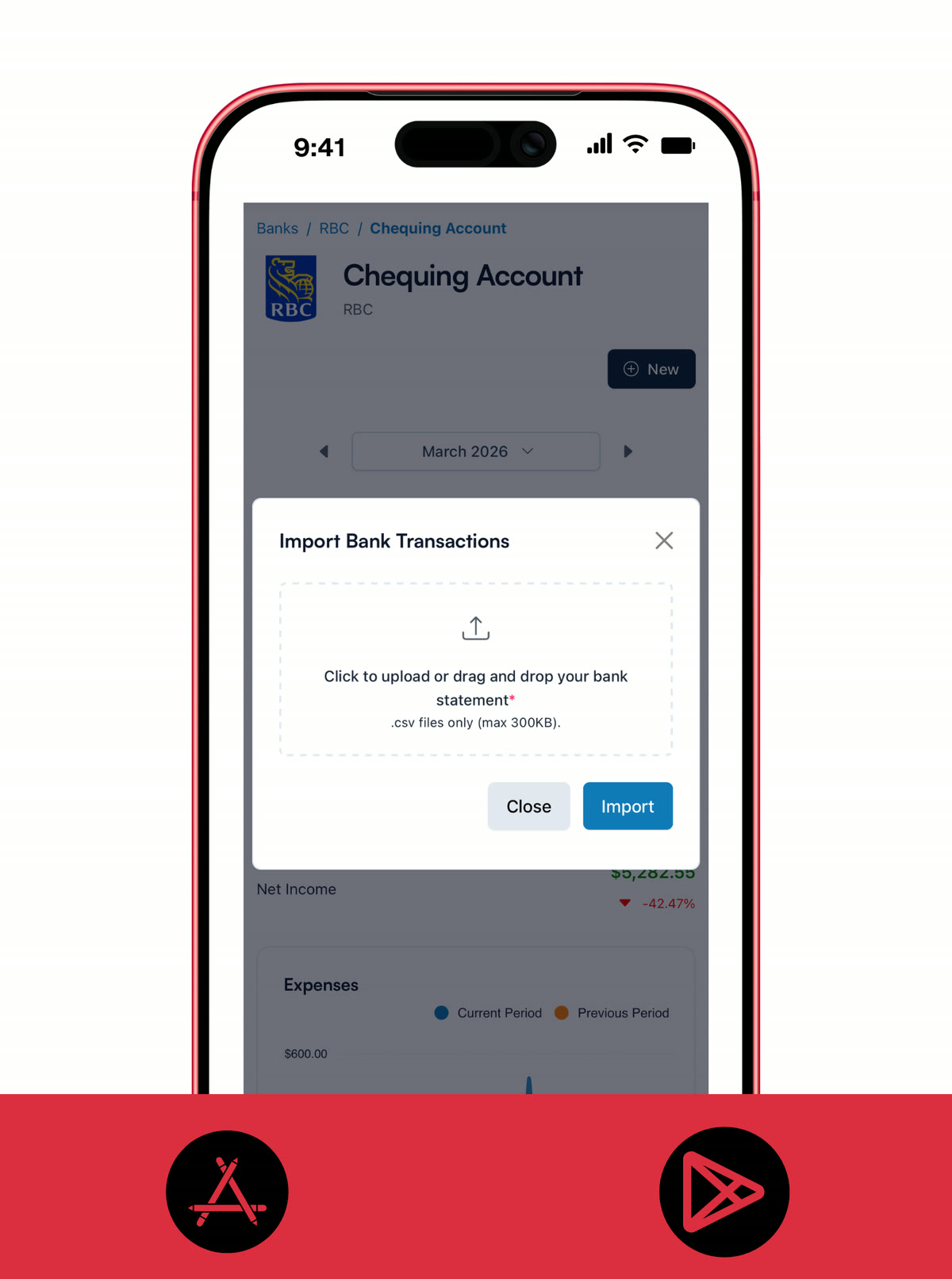 Koody mobile import modal on an RBC chequing account screen showing CSV upload for Canadian bank transactions