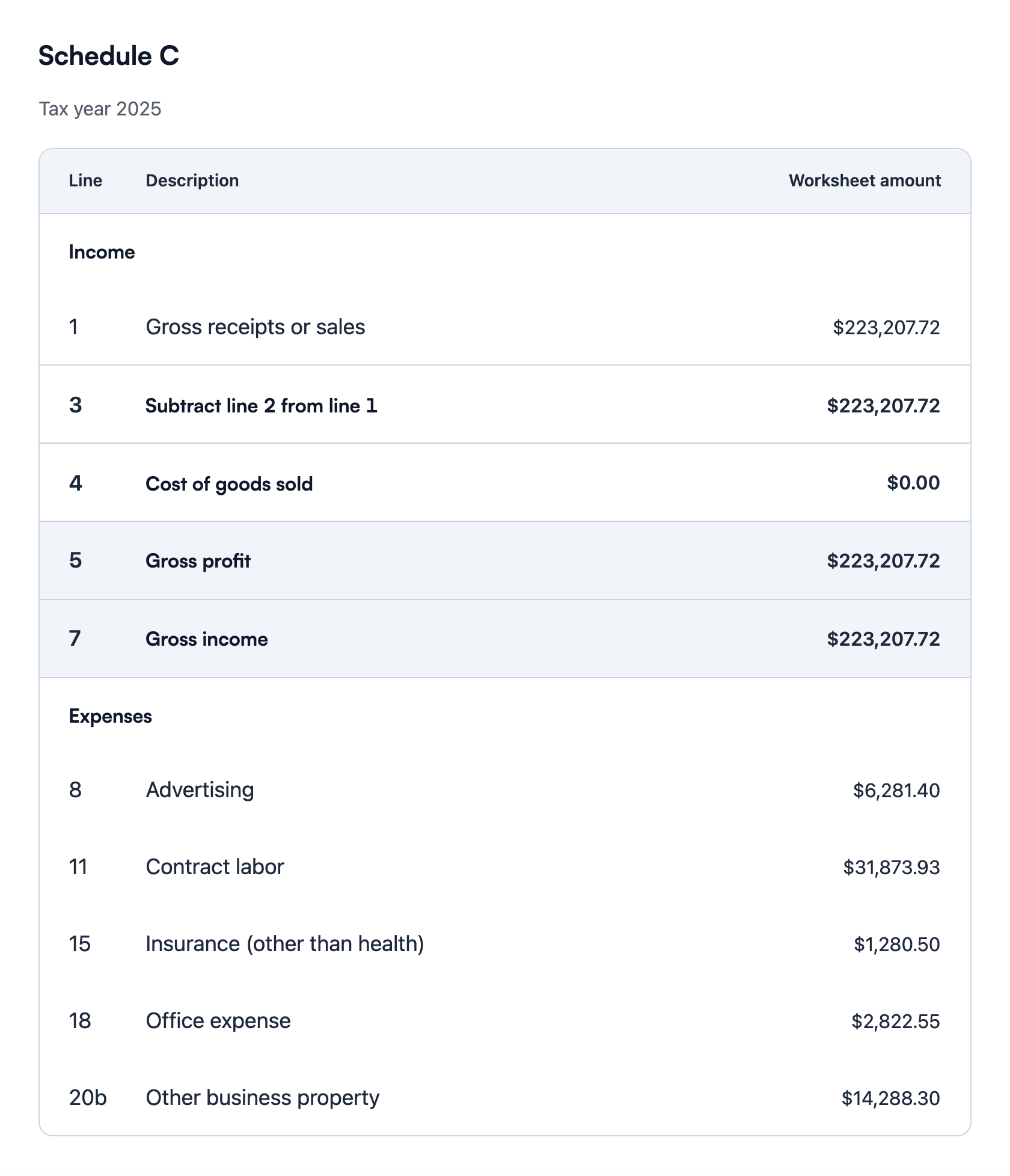 Close-up of Koody Schedule C preparation for tax year 2025, showing $223,207.72 in gross receipts and expense lines for advertising, contract labor, insurance, office expenses, and property rent